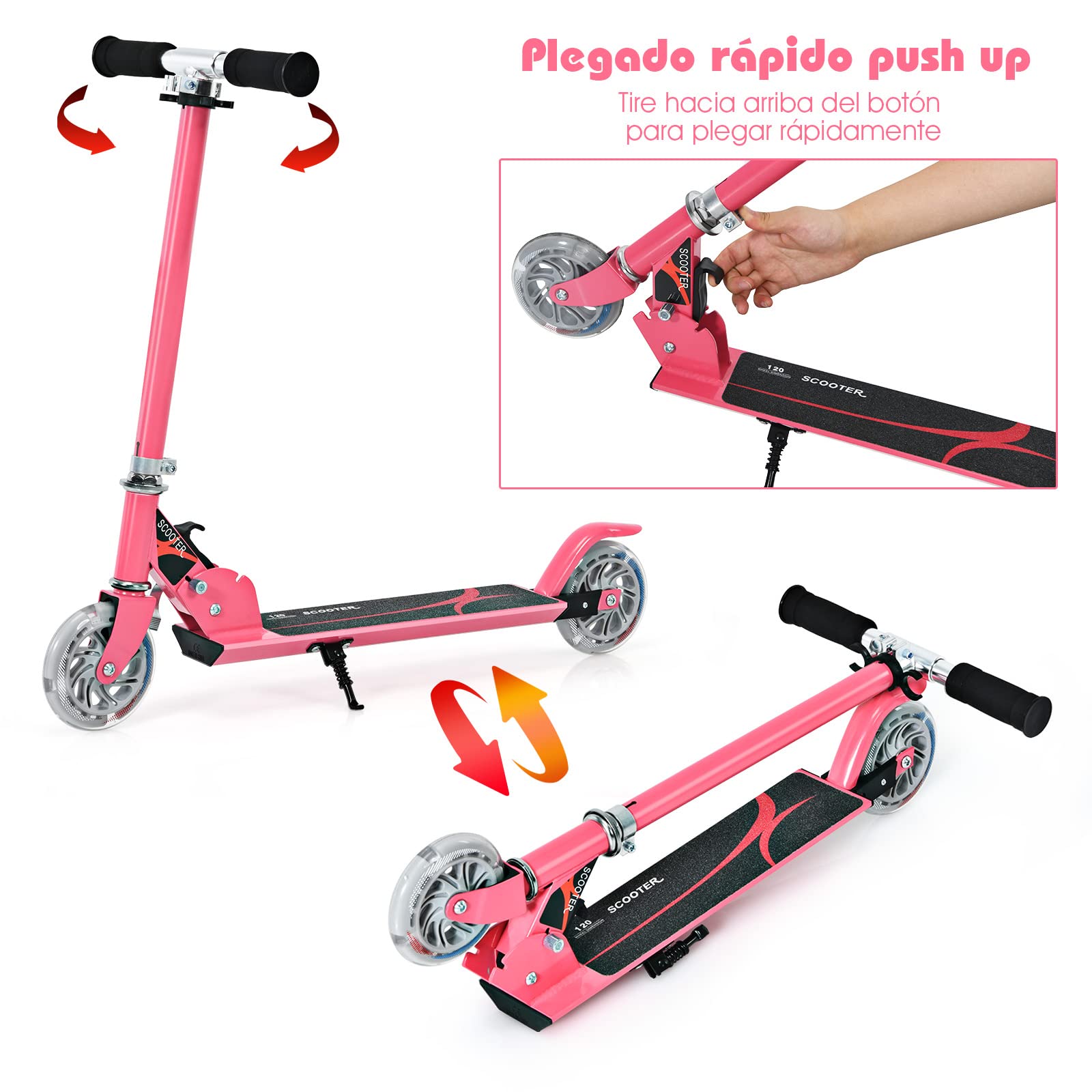 COSTWAY Patinete Niño 4-13 Años Scooter Plegable con Ruedas LED Altura Ajustable hasta 70kg Rosa