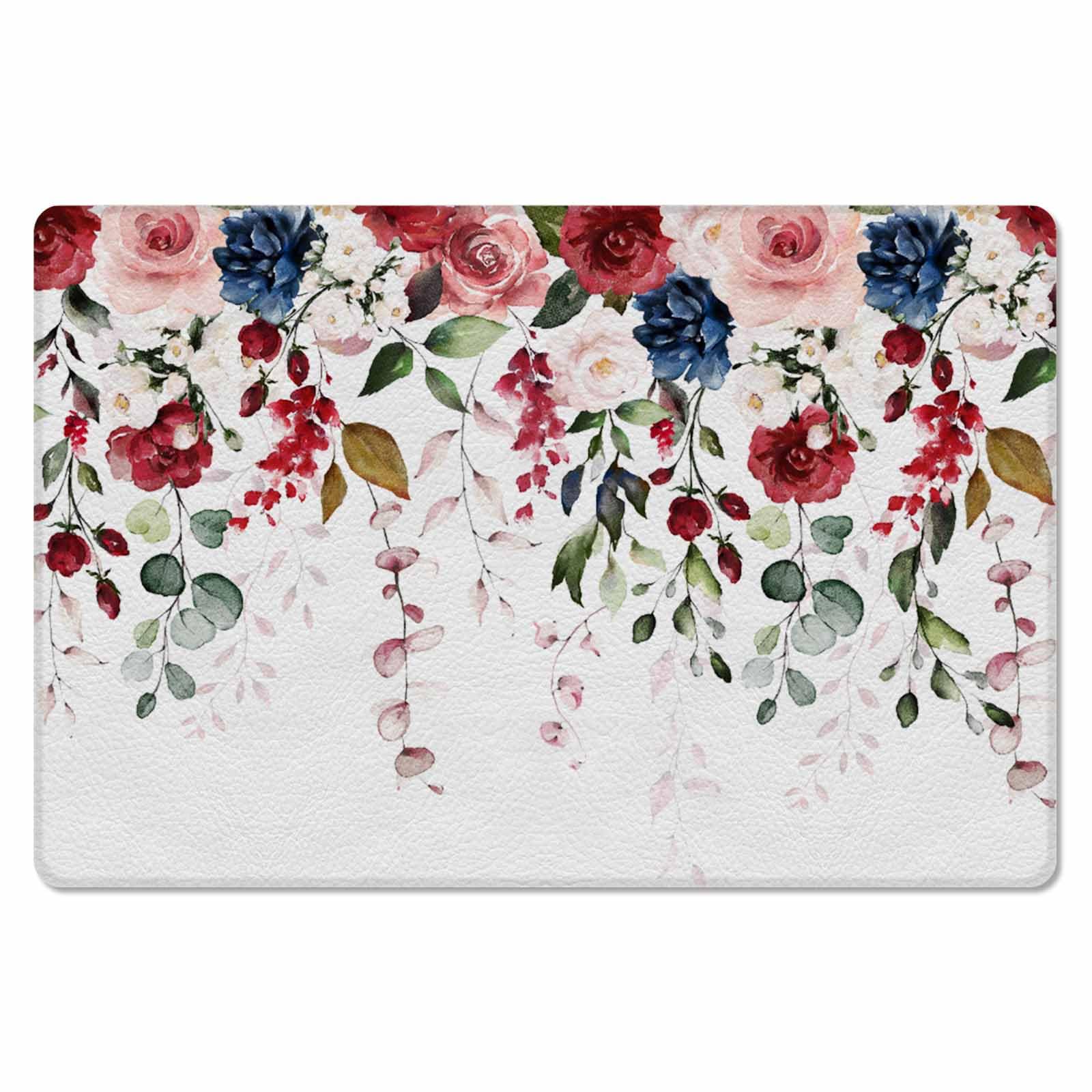 Valentine's Floral Kitchen Bath Door Mat Cushioned Runner Rug,Washable Welcome Floor Sink Antifatigue Mat,Waterproof & Non-Slip Comfort Standing Doormat,Spring Red Blue Rose Flower Plant 20