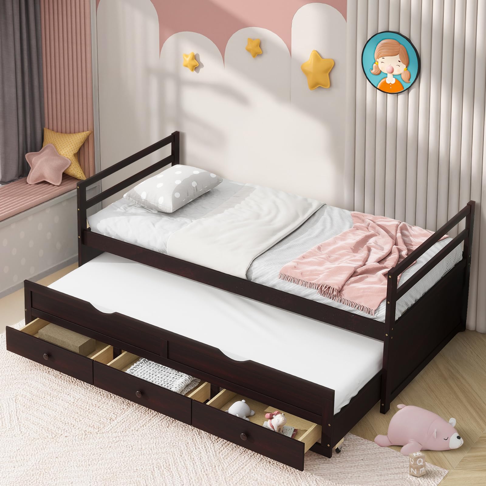 MAKIAAP Twin Size Daybed with Trundle and 3 Storage Drawers, Wood Captain Platform Bed Frame for Kids, Teens, Guests (Espresso, Twin)