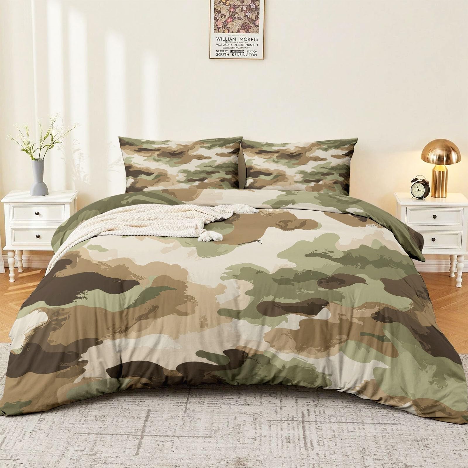Housse de couette enfant 140x200 cm camouflage vert et beige