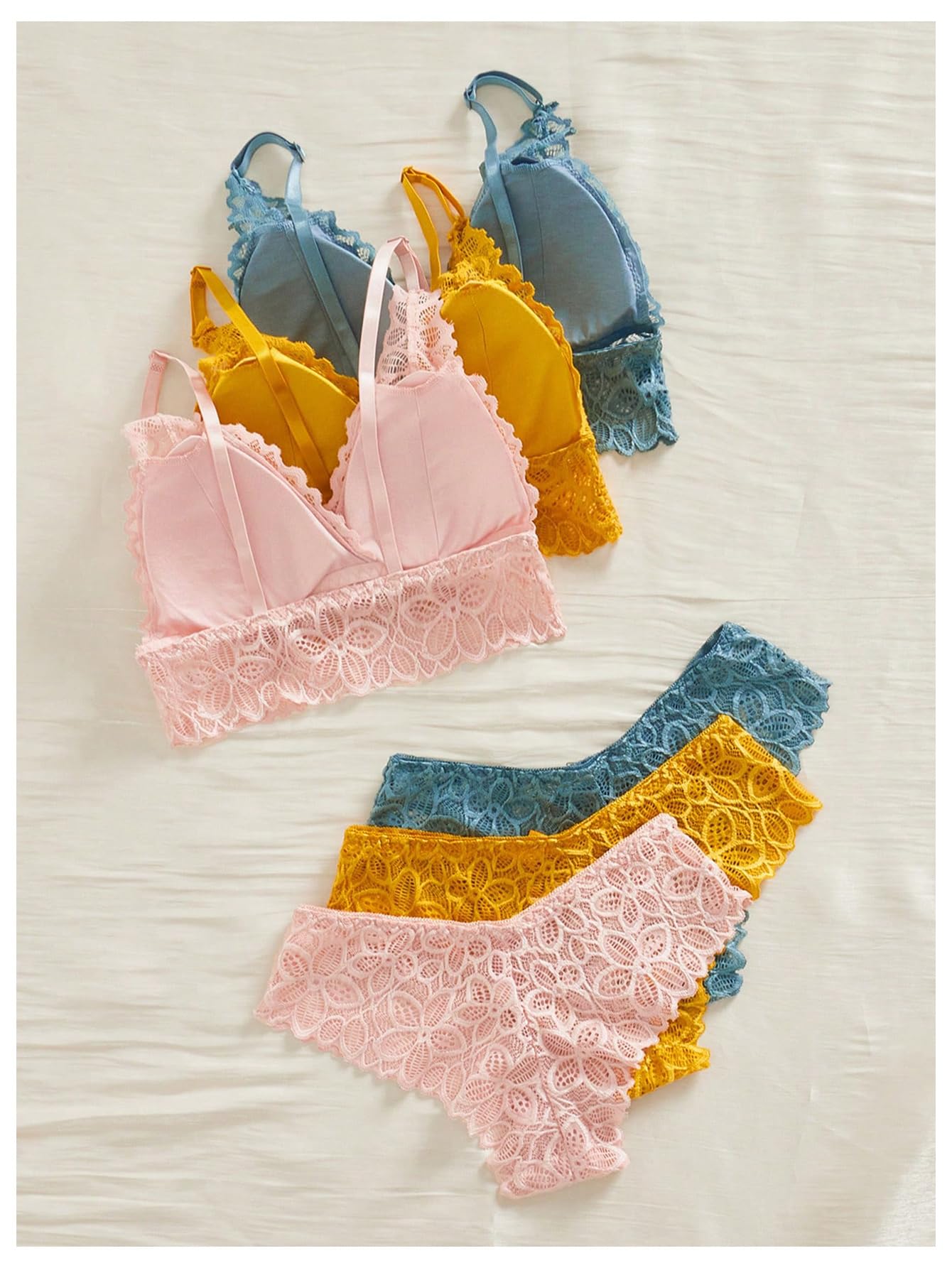 Verdusa Women's Lingerie Sets 6 Piece Lace Bow Floral Underwear Bras Wireless Padded Bra and Panty Set