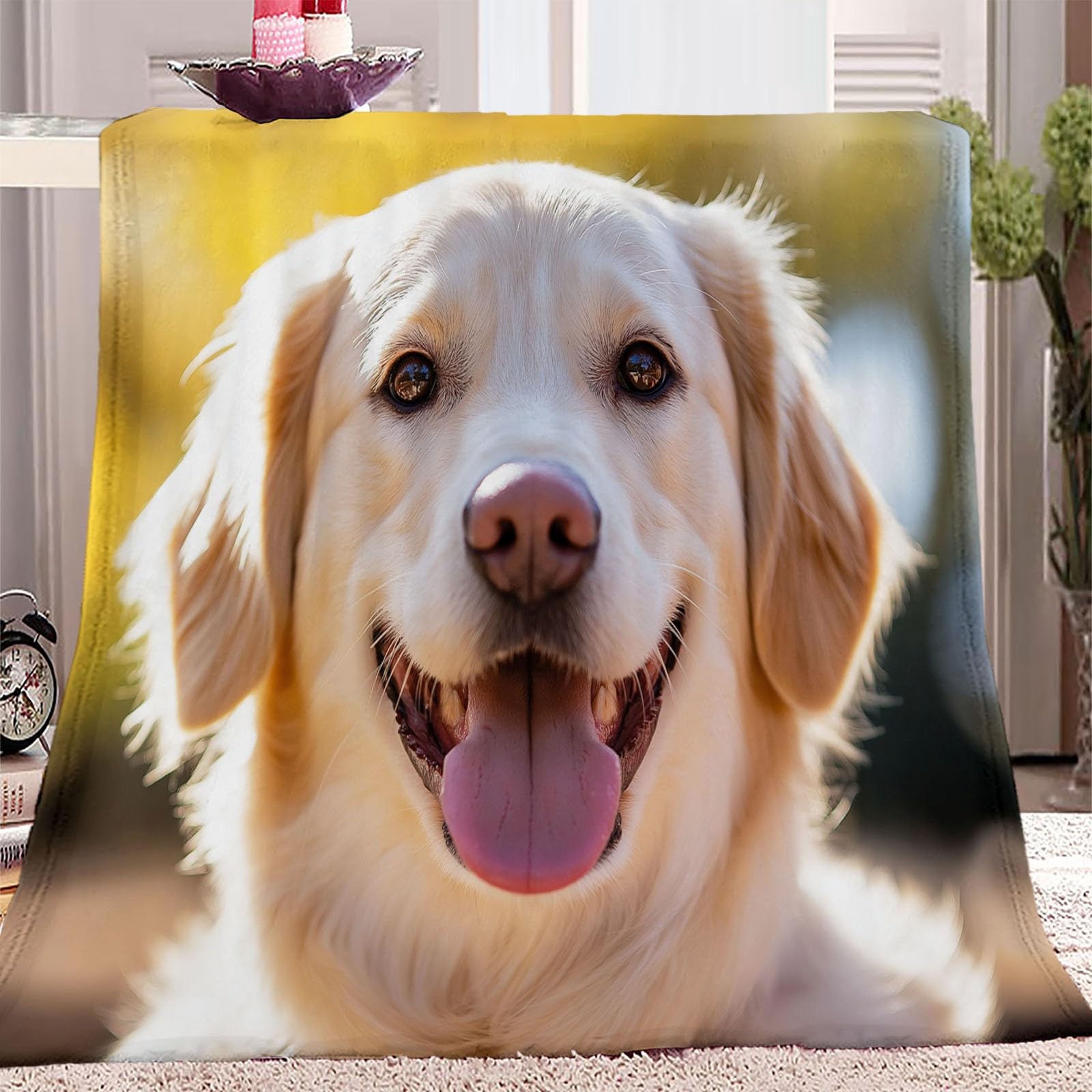 Prezent Golden Retriever Flanelowy Koc Puszysty Kremowy Prezent na Walentynki Rocznica Urodziny Żona i Mąż Dziewczyna Chłopiec 180 X 200 cm
