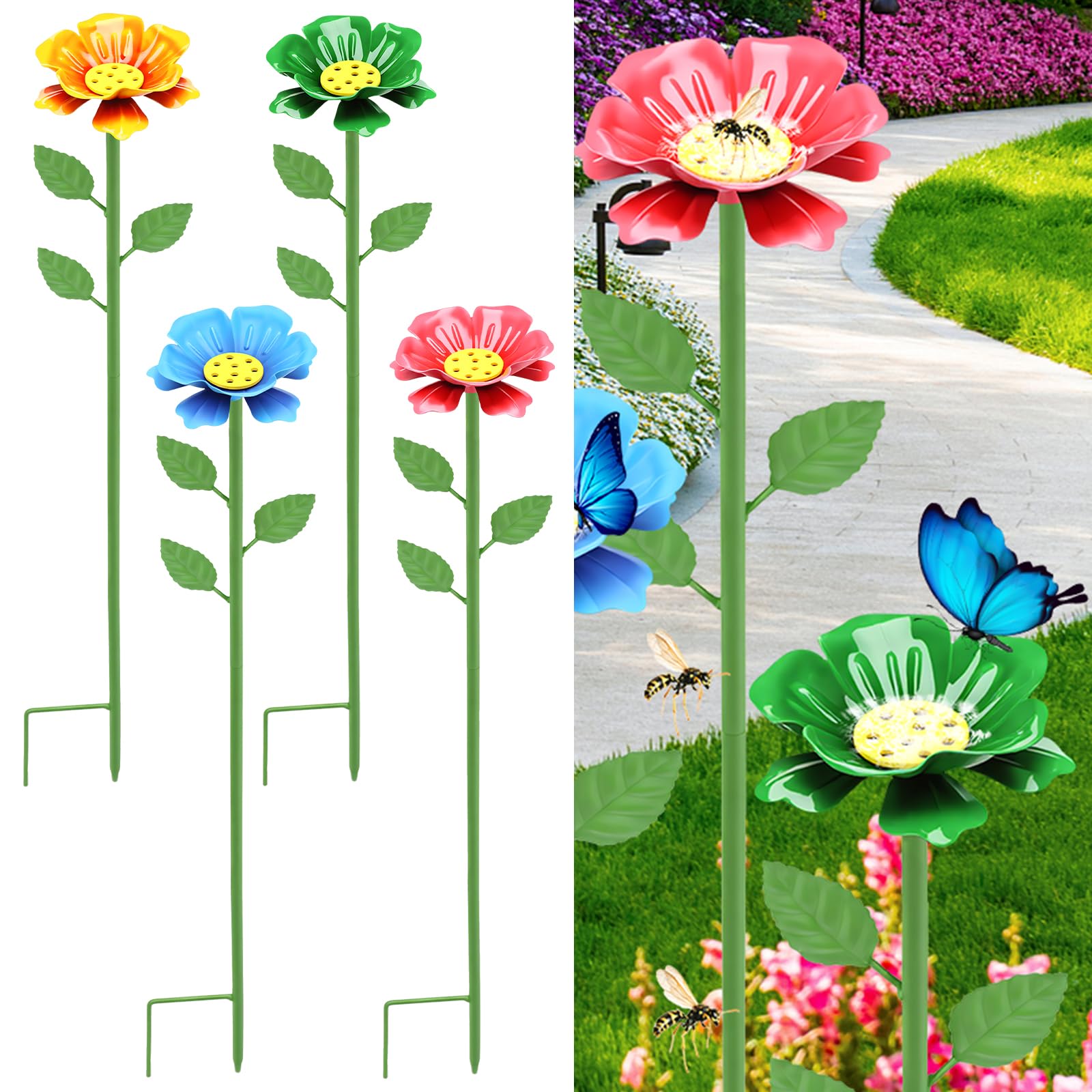 VAVPUP 4-Pack Metal Bee Watering Stations with Anti-Drowning Landing Pads Rust-Proof Bee Feeder Cups & Adjustable Iron Stakes, Vibrant Garden Decor for Outdoor Garden Yard Decor (colorful)