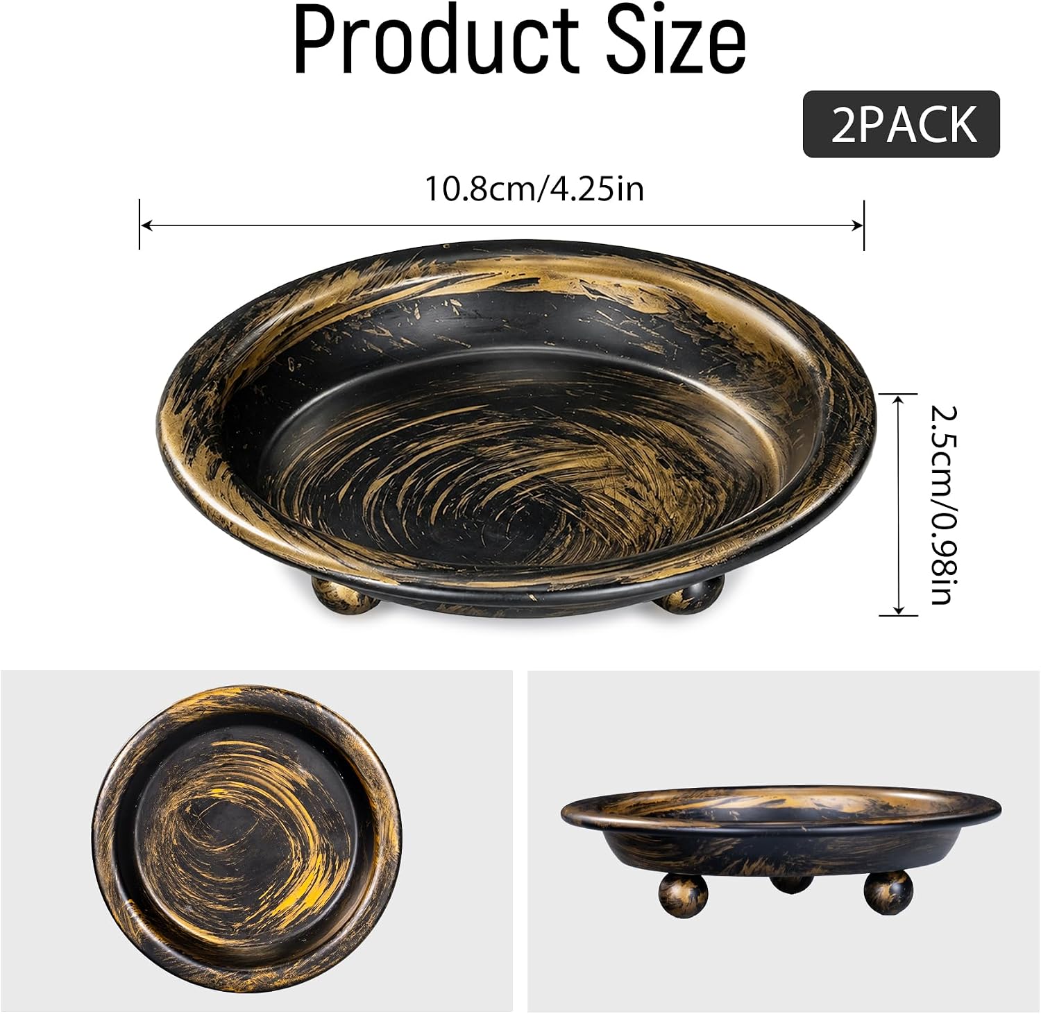 Rancco 2 Pack Vintage Black Gold Marble Iron Candle Tray, 4.25" Round Pillar Candle Holder Plate, Decor Metal Dish for Mantel Table Wedding Holiday Decor, Multi-Use Jewelry Key Storage Tray