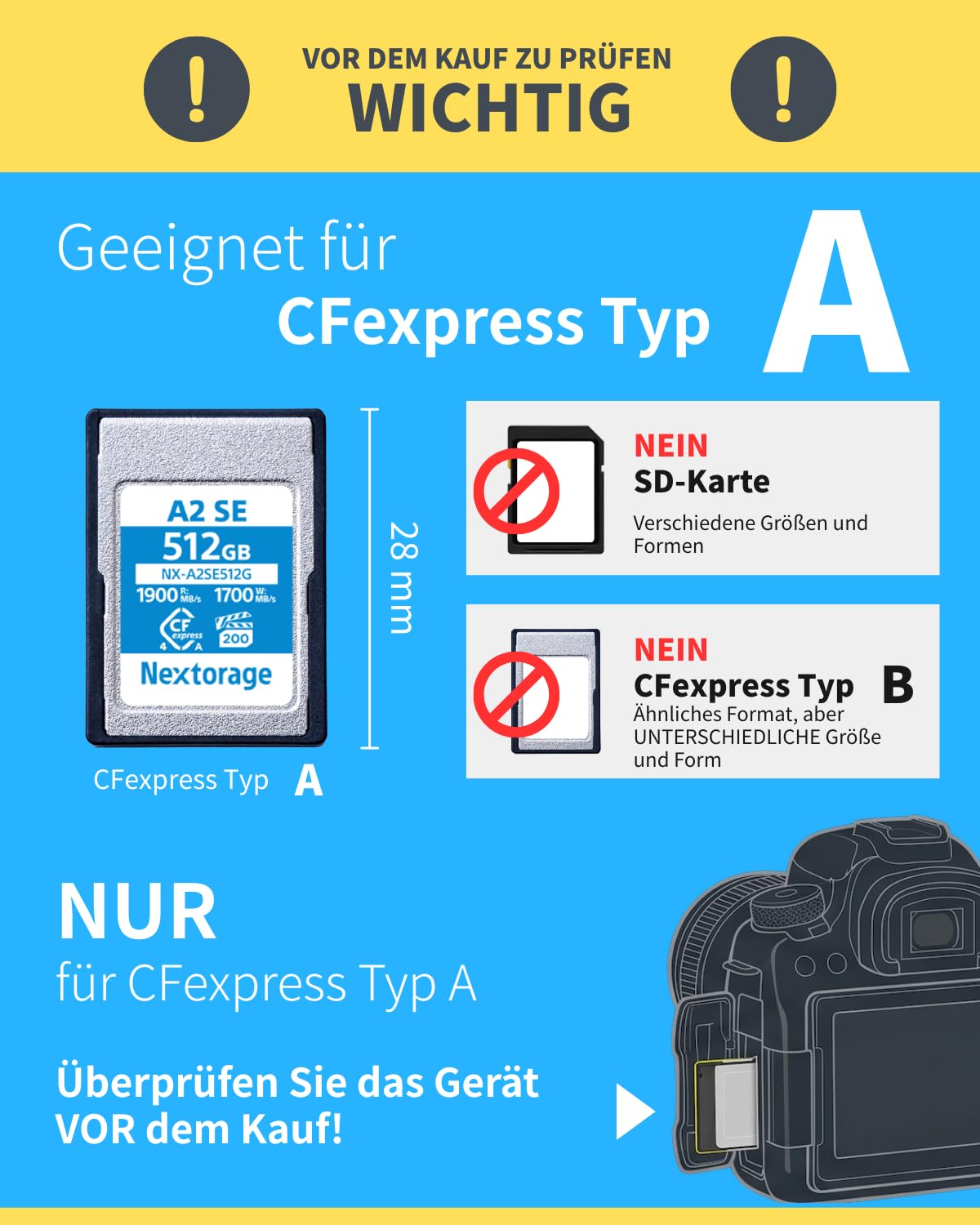 Nextorage CFexpress Typ A Karte 512GB, VPG200 japanische speicherkarte datenspeicher CF Express Type A Card, Kamera Zubehör für Sony/Fujifilm, A2SE NX-A2SE512G