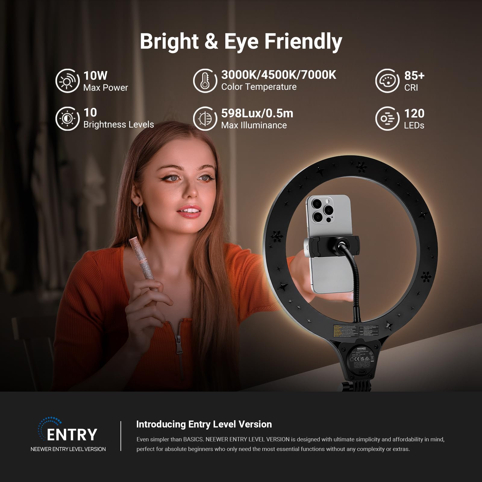 NEEWER WERSJA POZIOMU WCHODZENIA 10 cali 10 W Lampa pierścieniowa ze stojakiem 117.8 cm-160.0 cm, uchwyt na telefon kompatybilny z iPhone, dwukolorowe oświetlenie LED selfie CRI85+ do nagrywania wideo