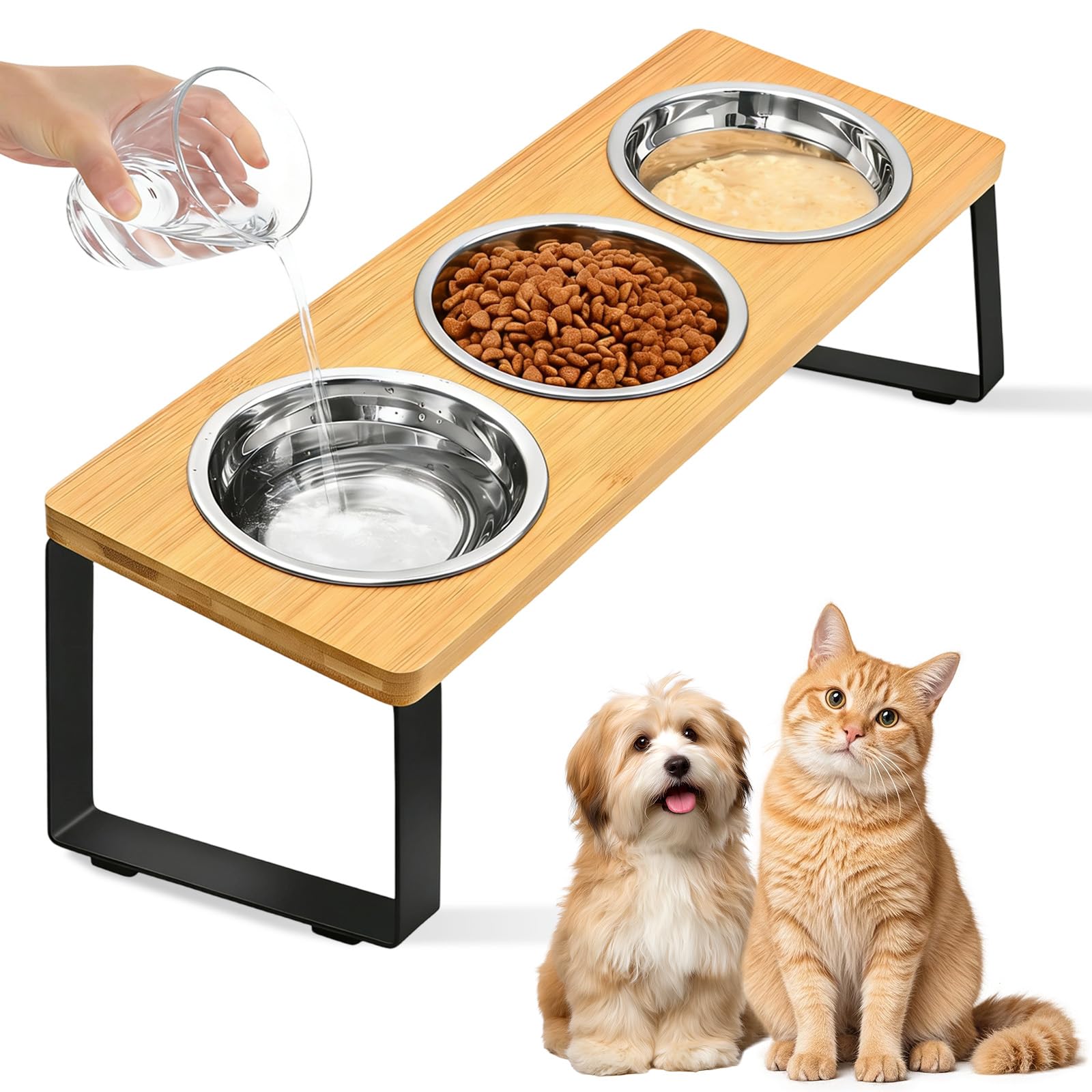 Comedero Gato Elevado con Antideslizante Alfombrilla & Soporte, 3 Comederos Gatos Acero Inoxidable Inclinado 15°, Cuenco Perro Alimentos Agua Bebedero Elevados Antivómitos para Gatos, Perros Pequeños