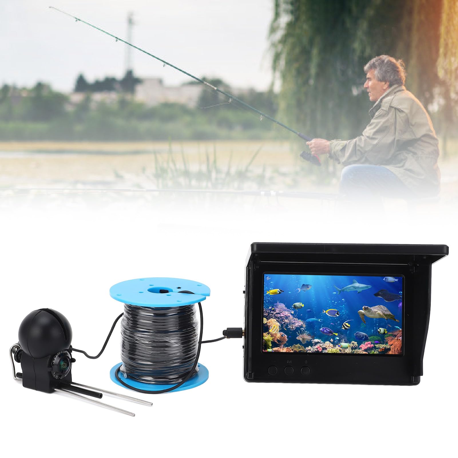 Cryfokt Cámara Buscador de Peces 1080P con Pantalla Brillante de 4,3 Pulgadas Cable de Vídeo de Alta Resistencia para Pesca en Balsa ABS + Aleación de Aluminio