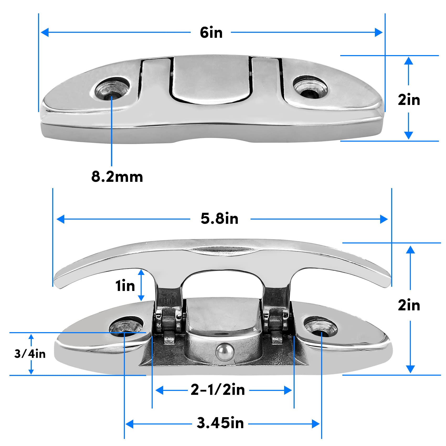 316 Edelstahl 15,2 cm faltbare Boots-Stollen mit Rückplatte, aufklappbare Dock-Stollen für Deck und Boot, Bootsspann-Stollen, Boot-Dock-Stollen, klappbare Klampe mit Befestigungselementen (2