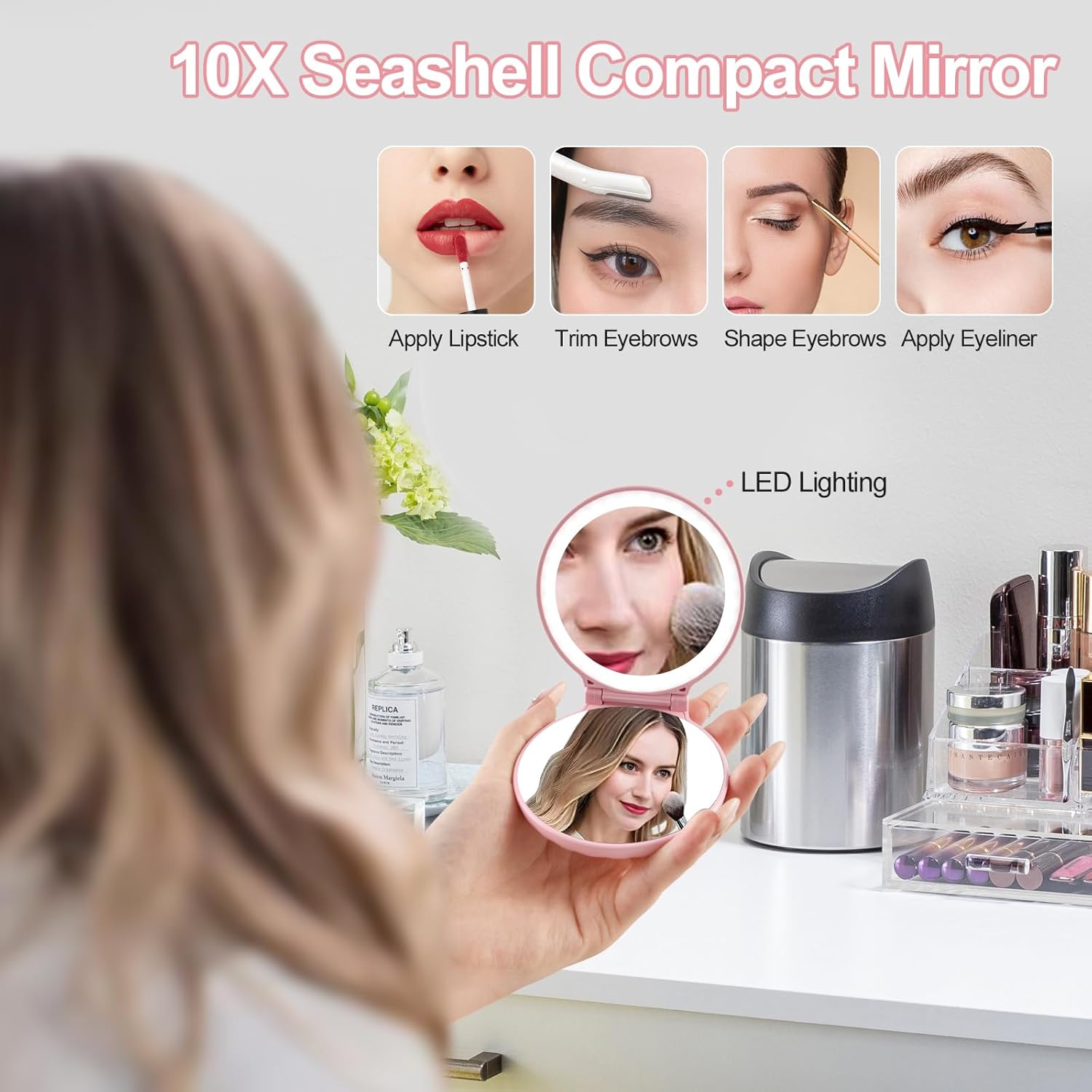 Small Compact Mirror for Purse, Compact Travel Mirror with Magnification 10x, Magnifying Pocket Mirror with Light, Rechargeable & Shatterproof, Unique Daily Makeup Necessities for Women, Pink
