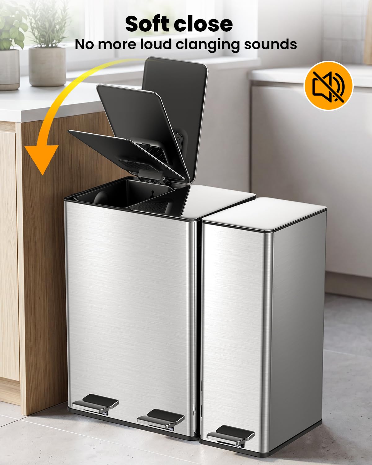 YEAUPE PRO Cubo de basura de cocina de 20 + 40 litros, cubo de basura de 3 compartimentos para reciclaje y residuos, tapas de cierre suave, pedales, cubos interiores, cubo de basura con pedal de acero
