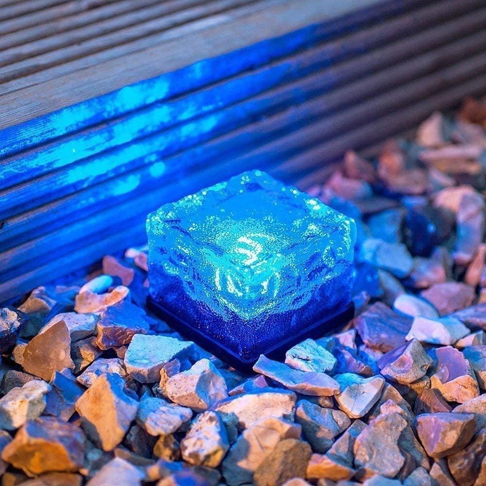 zhonghua Solar Brick Ice Lights, Solar Landscape Light Ice Cube Light Solar Ground Lights Waterproof for Garden Solar Glass Brick Lights (1 Pack, Blue)