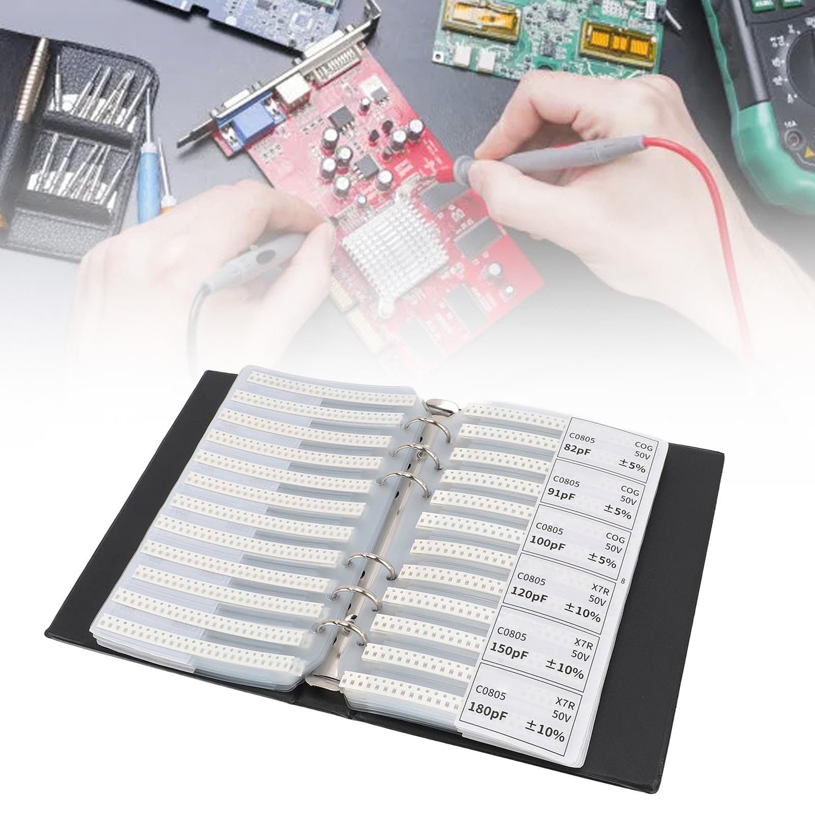 Libro campioni di condensatori 0805, libro campioni di componenti elettronici di valore 84, kit di assortimento di condensatori in plastica nera per professionisti o appassionati