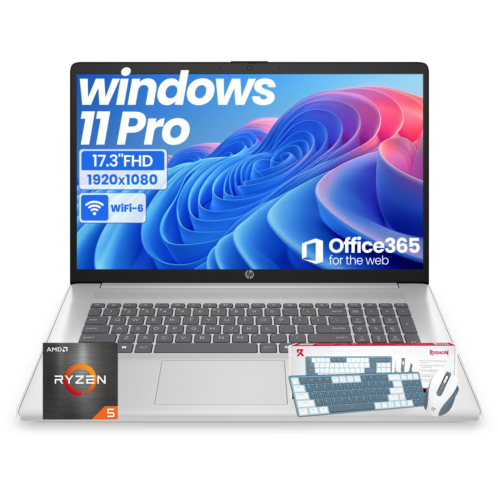 HP 17 Inch Laptop for Business, Office 365 for the Web, 20GB RAM & 512GB SSD, AMD Ryzen 5 7430U 6-Core Processor, FHD IPS Display, Windows 11 Pro, AI Copilot, Full Numeric KB