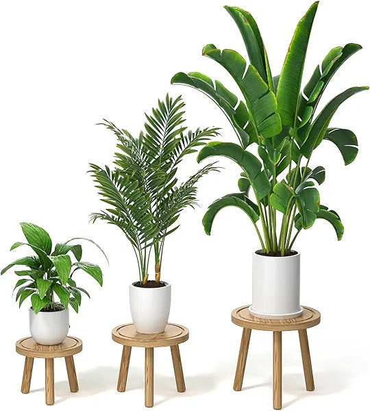 Vecxoty 3-Pack Wood Plant Stands Indoor, Single Plant Stand for 6-12 Inch Pots, Mid-Century Modern Plant Stool, Tall Plant Stand for Large Plants for Living Room, Balcony, Office (Light Brown