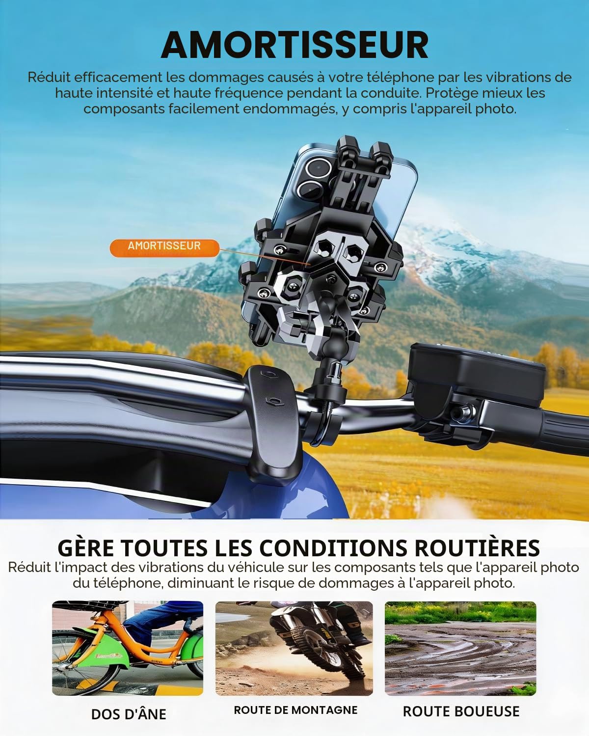 Support Téléphone Moto, Support à Double Amortissement Anti-Vibrations, Support Téléphone Vélo Réglable, Compatible avec iPhone, Samsung, LG, Google, Tous Les téléphones 4,7-7,2 Pouces