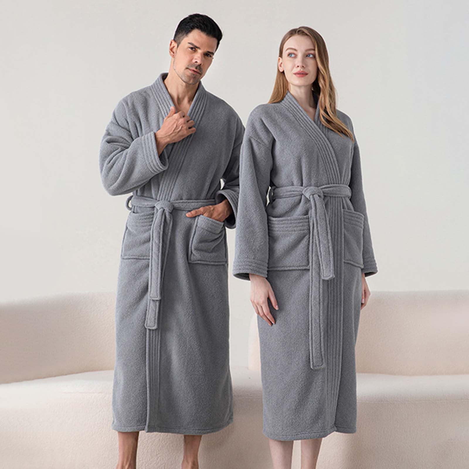HAOLEI Albornoz Unisex de Baño para Hombre y Mujer,Albornoz Largo de Ducha Casual Albornoces de Rizo Tacto Suave Cómodos Bata Largo con Cinturón Gruesos y Cálidos Kimono para Hogar Hostelería