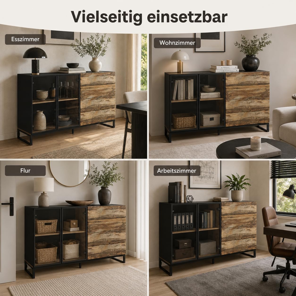 Sideboard Holzoptik-Schwarz 160cm mit LED & Glastür – Kommode mit 4 Schubladen, Push-to-Open & USB-Lichtleiste – Vitrinenschrank mit Metallrahmen für Wohnzimmer, 160×95×41cm