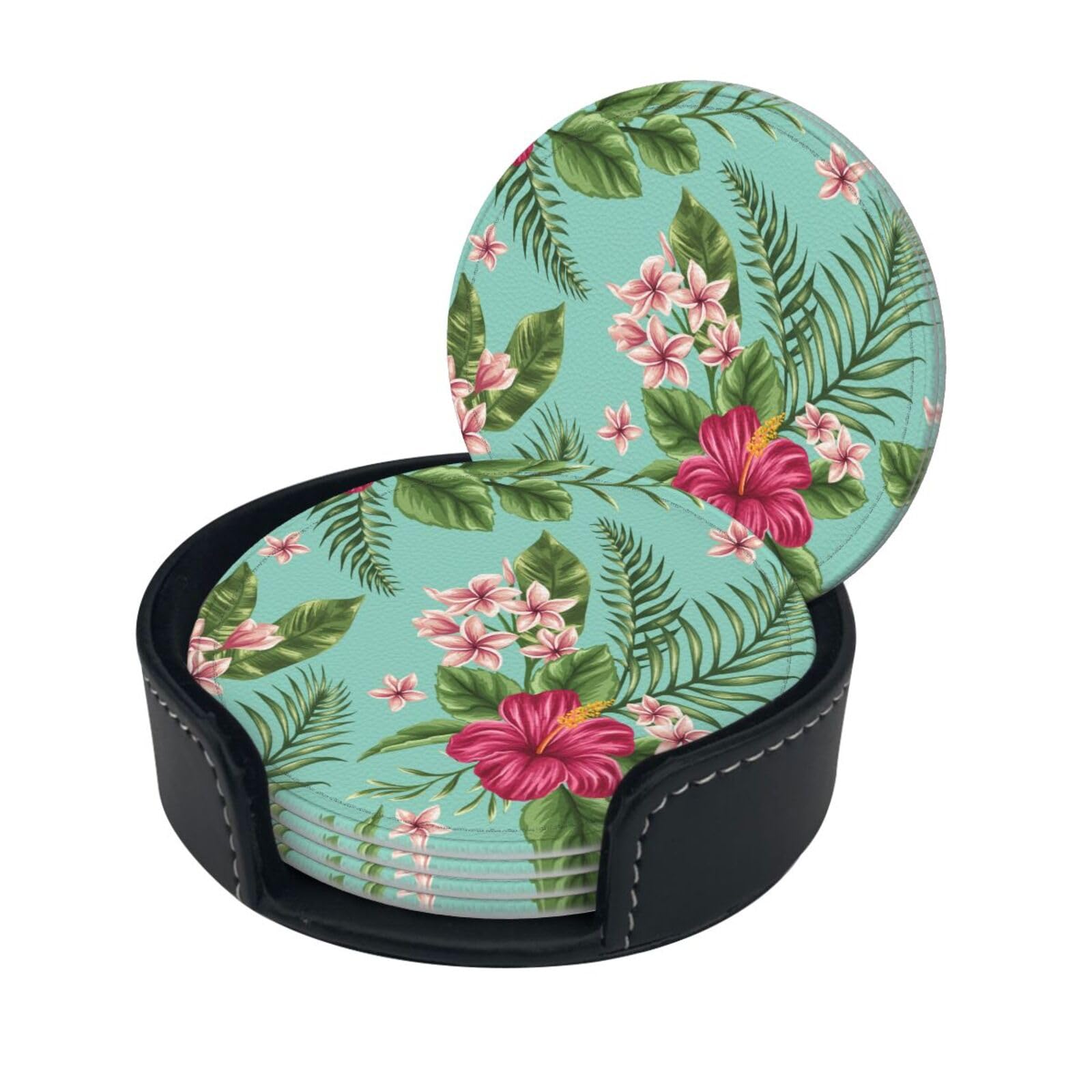 Hawaiian Tropical Leaves Flowers Drink Coasters Set of 6 with Holder Decorative Round Cup Coasters for Coffee Table Kitchen Office Bar