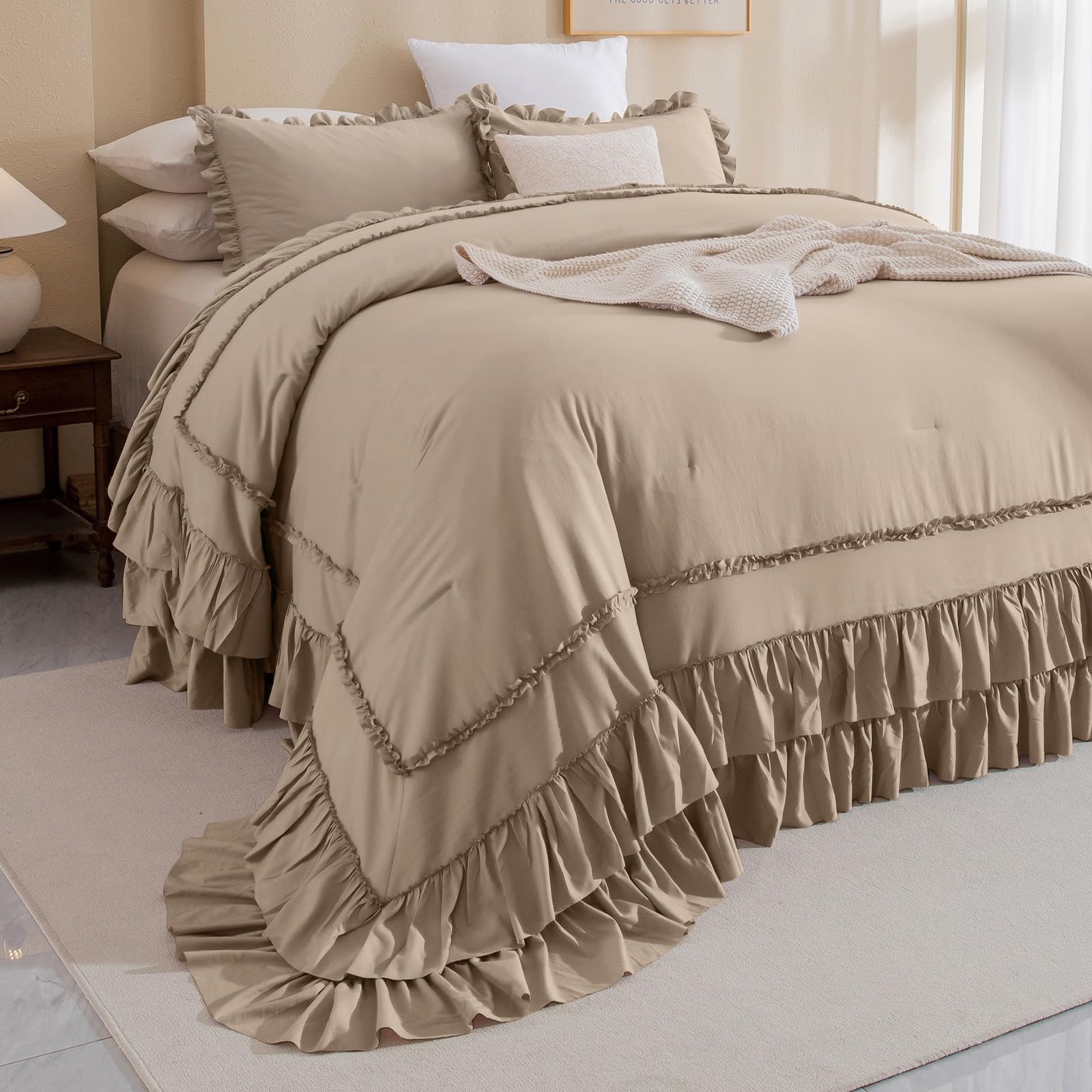 QSH 3PCs Light Taupe Oversized California King Ruffled Bed Comforter Set 128x120, Farmhouse Vintage Chic Comforter French Country Shabby Comforter Soft Microfiber Fluffy Bedding Set