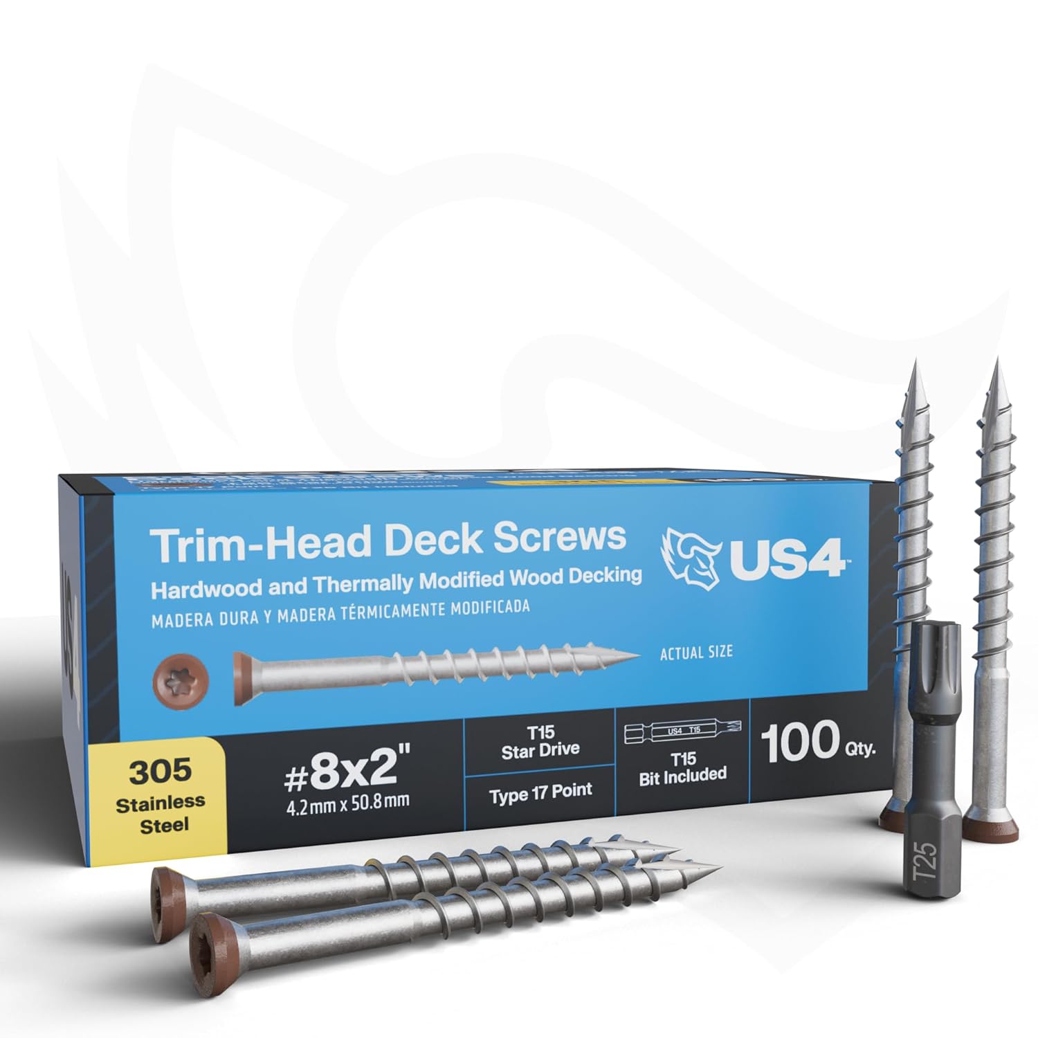 US4 - #8 x 2-1/2" - Tropical Timber Brown Wood Screws | 305 Stainless Steel | Trim Head T15 Star Drive | Rust & Corrosion-Resistant | Outdoor Decking Screws (350, #8x2.5-2.5Inches)