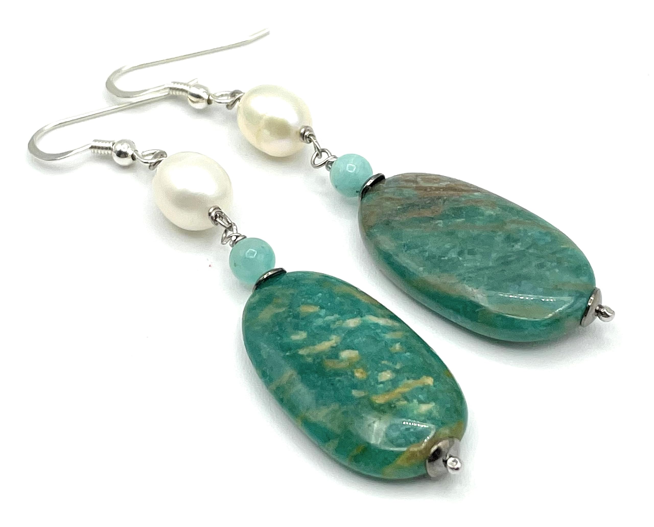 Orecchini con Amazzonite Turchese e Perle Bianche, Pendenti Lunghi, Argento 925, Gioielli Pietre Dure Naturali, Regalo per Lei, Bijoux