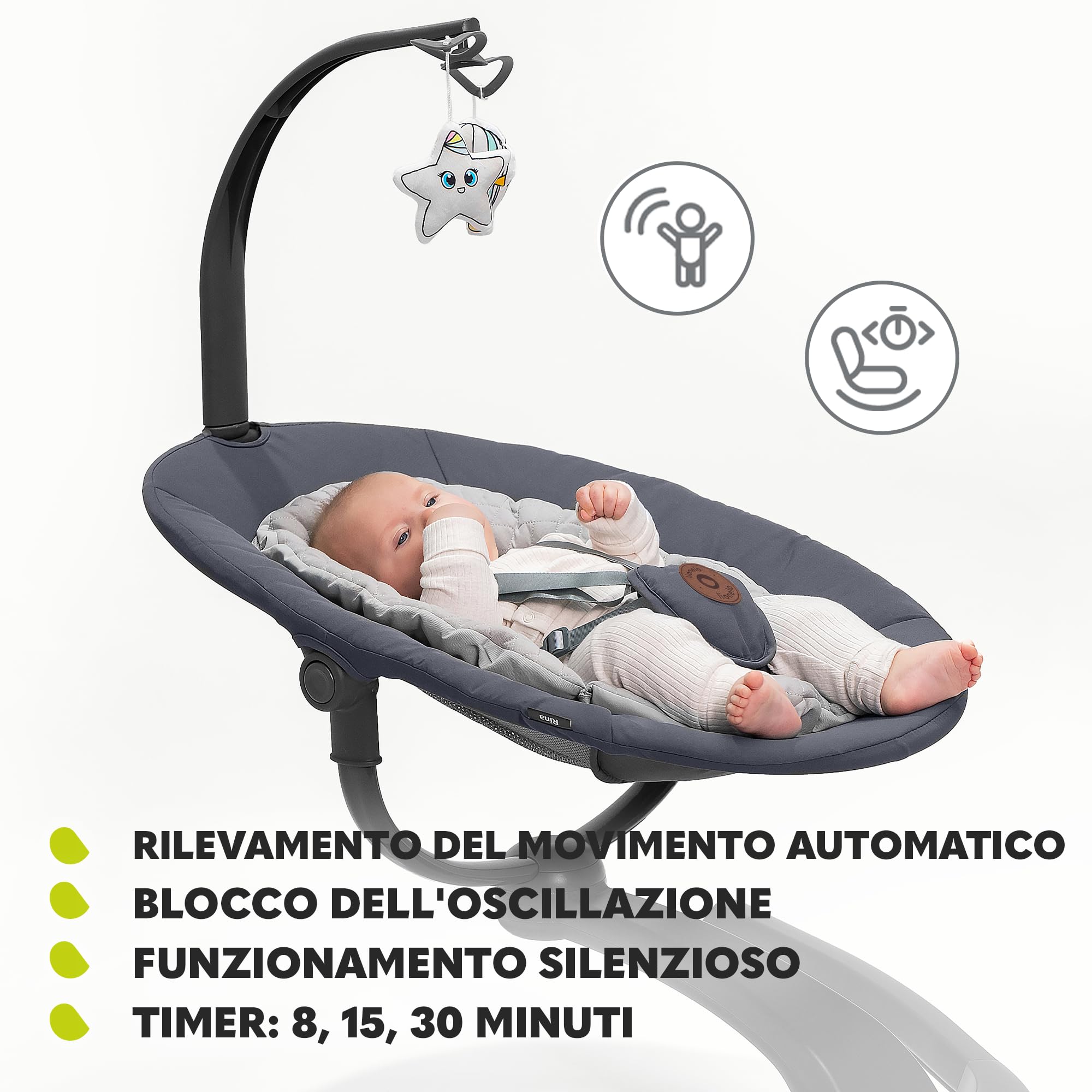 LIONELO Rina Altalena Elettrica 2 in 1 Girevole a 360° per Neonati da 0 Mesi | 2 Direzioni di Oscillazione, 5 Velocità, 12 Melodie, Telecomando, Schienale Regolabile, Timer, Funzionamento Silenzioso