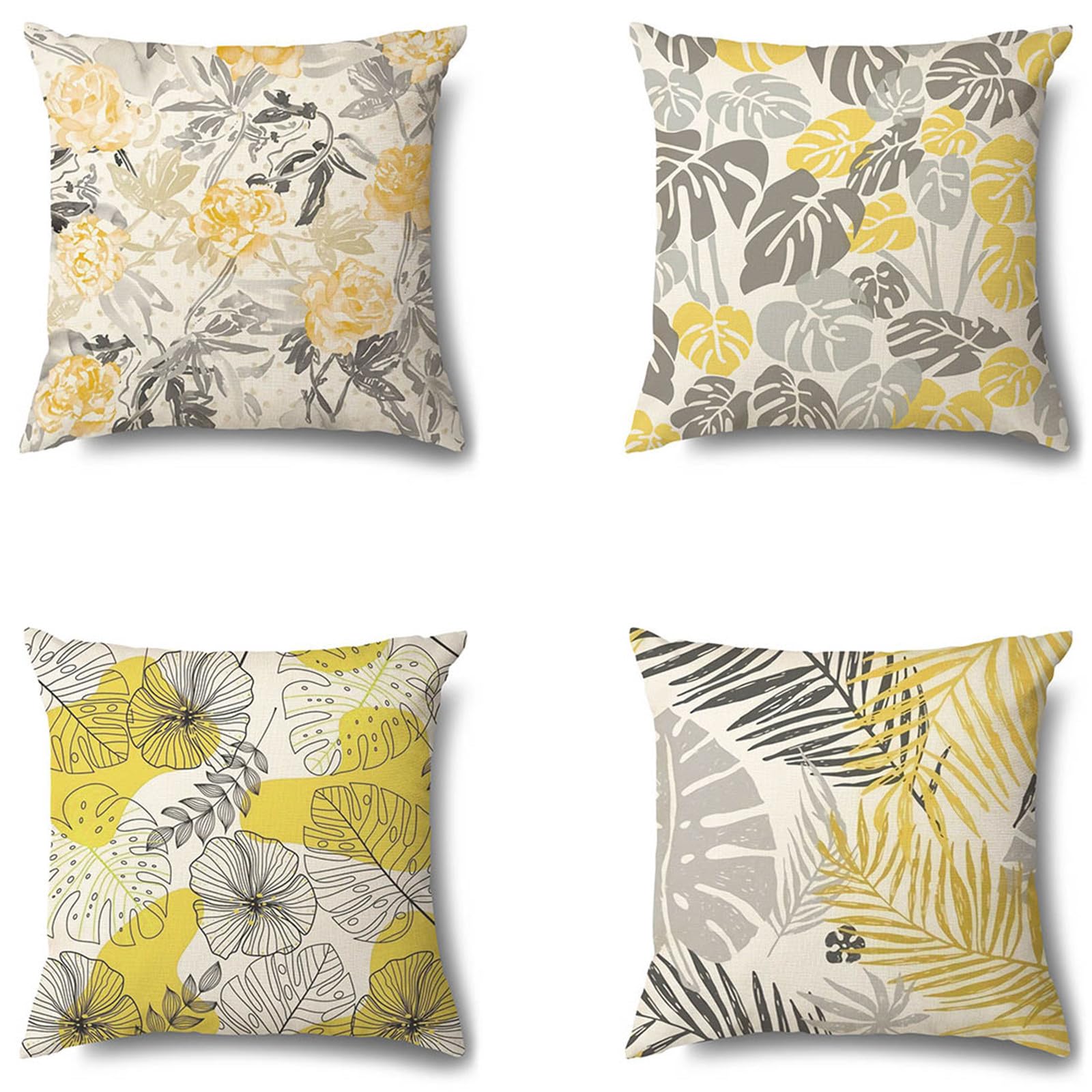 Housse de coussin canapé jaune et gris en lin : lot de 4 taies 65x65 pour terrasse et chambre