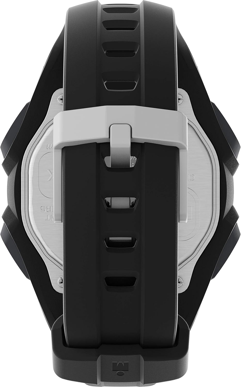 Indietro view of the Timex Ironman Classic 30 Oversized Watch, showing the stainless steel case back and strap attachment.