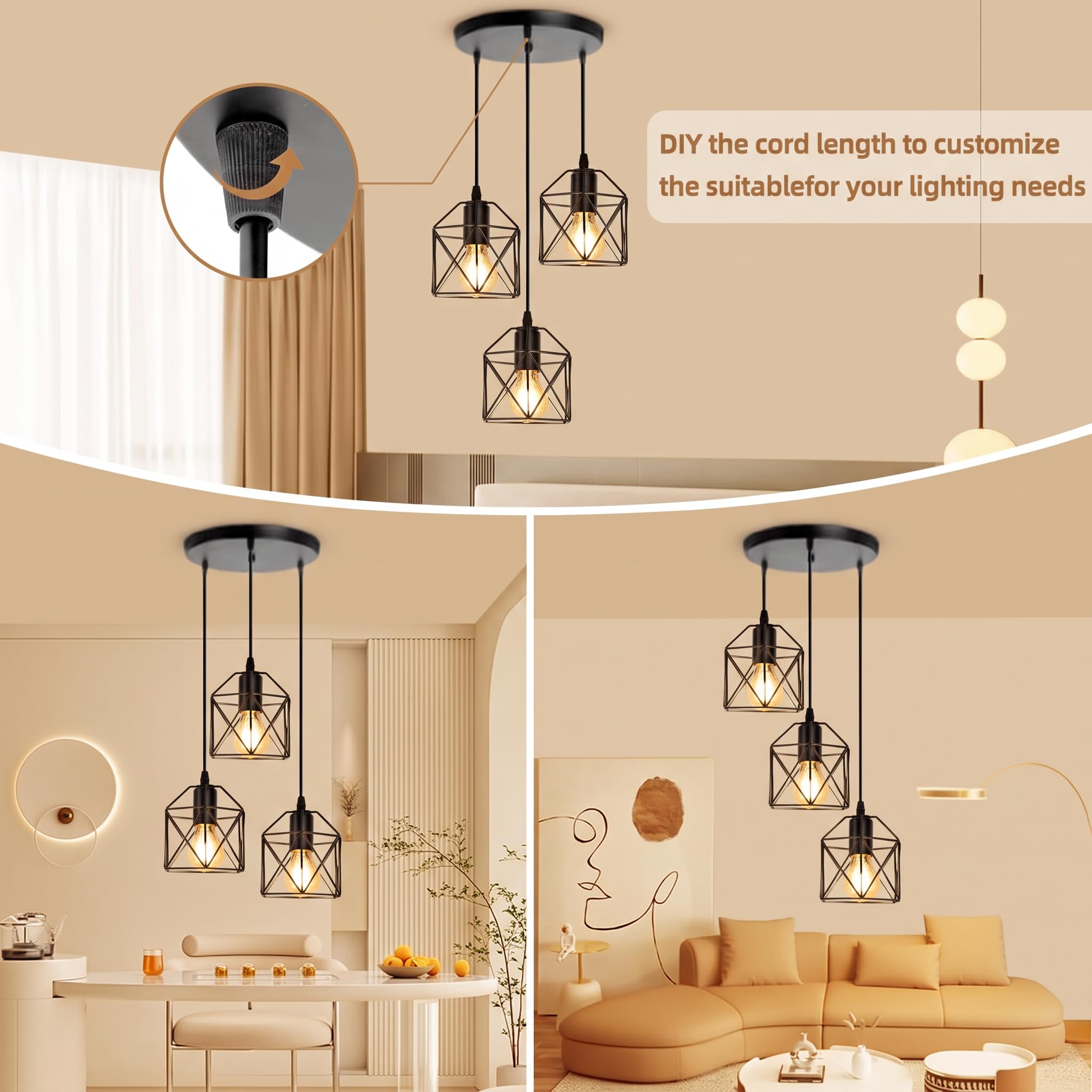 CANMEIJIA Suspension industrielle à 3 lumières pour îlot de cuisine, suspension classique en métal noir pour salle à manger, chambre à coucher, couloir