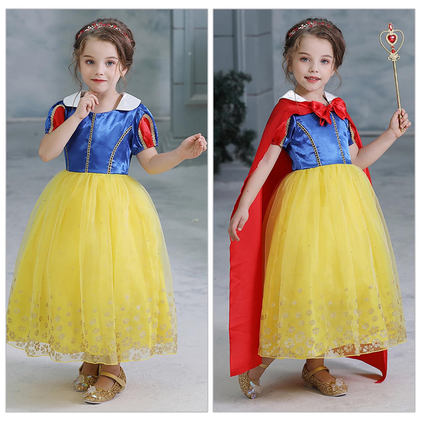 Kosplay Ragazza Vestito da Principessa con Mantellina e Cerchietto Abito da Principessa Costume da Fiaba Abito da Sera Compleanno Natale Festa Halloween Carnevale Fantasia Cosplay Giallo 120