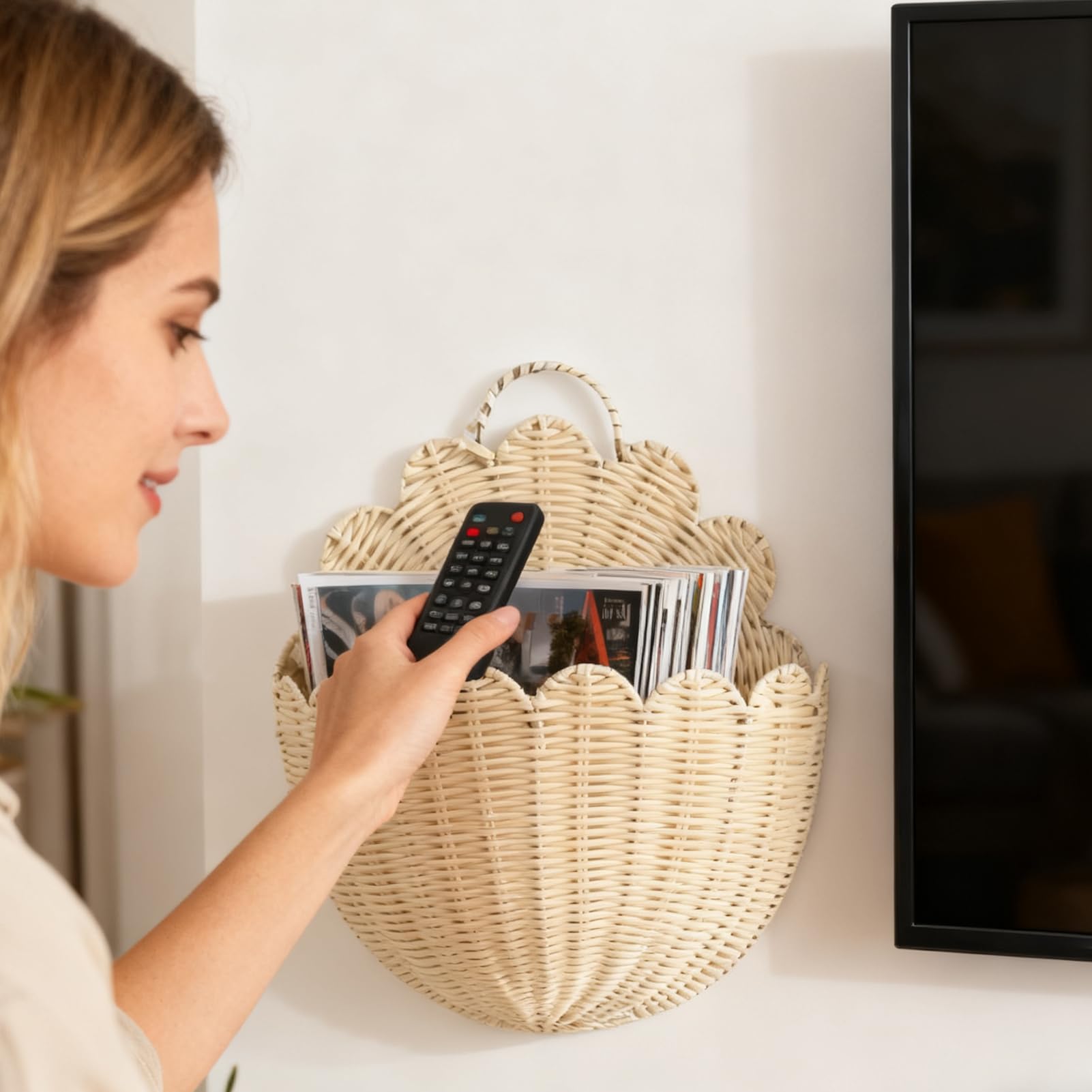 Cesta De Mimbre Organizador Estético Festoneado | Cesta de Mimbre Ondulada Almacenamiento Decorativo Para Sala Dormitorio Baño Apartamento Fruta Verdura Juguetes