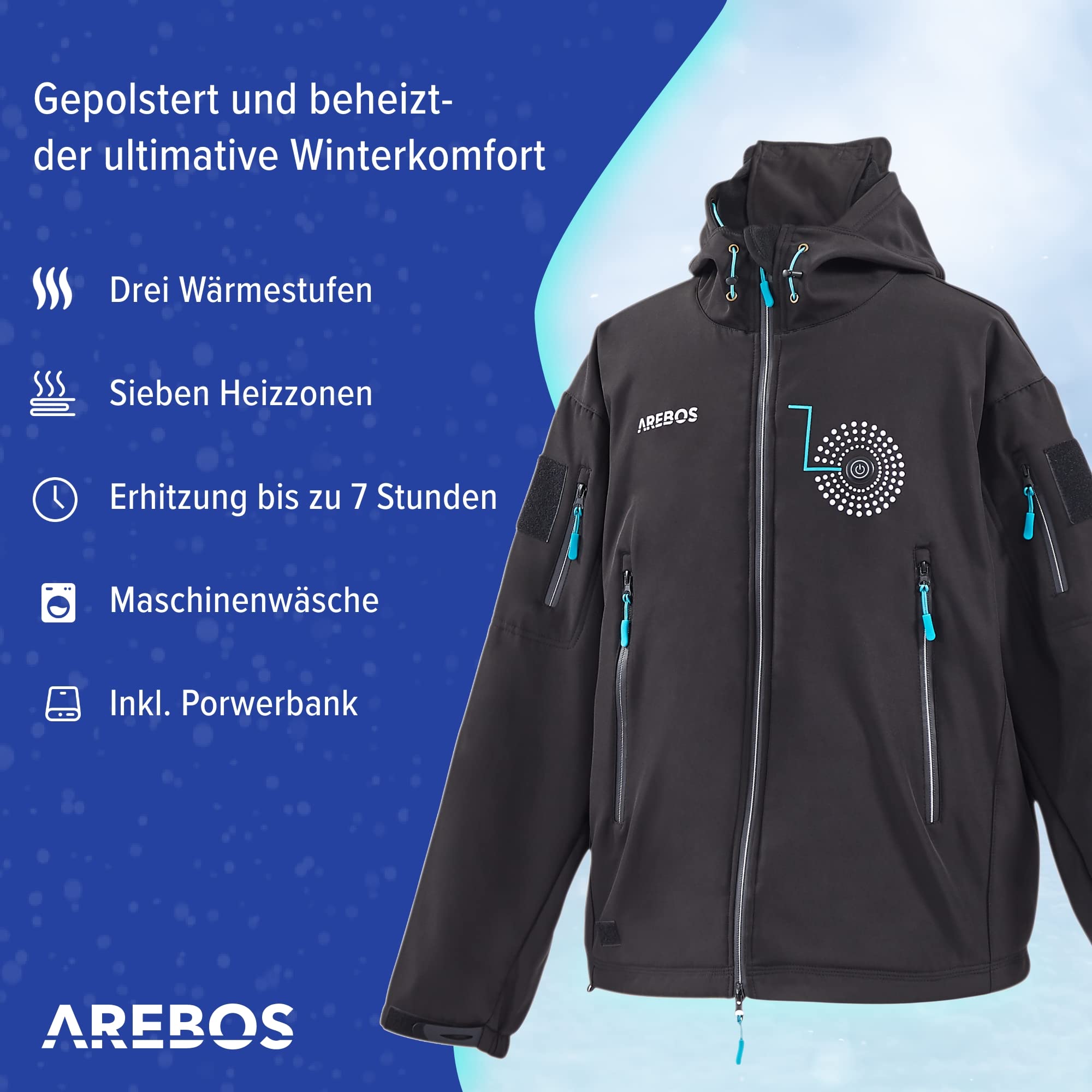 AREBOS Wodoodporna kurtka zimowa | ocieplana kurtka softshell | 7 stref grzewczych w tym power bank 10000 mAh | 3 poziomy ogrzewania | wiatroszczelna | unisex | 2XL