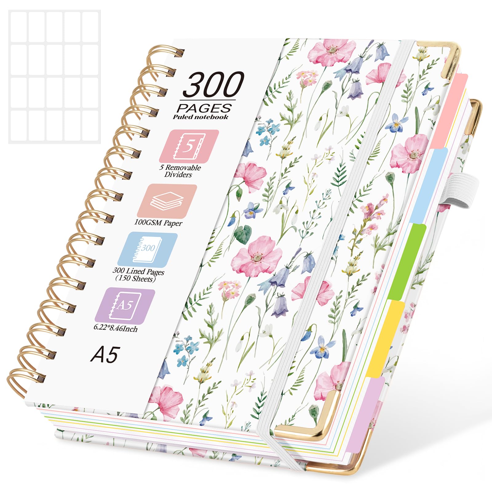 MOFELON A5 Notebook with Dividers, Notepad A5, 300 Pages Spiral Lined Notebooks,PU Leather HardCover Journals for Women,Note Book Pad for Office Work School, 21.5 x 15.8cm - White flowers