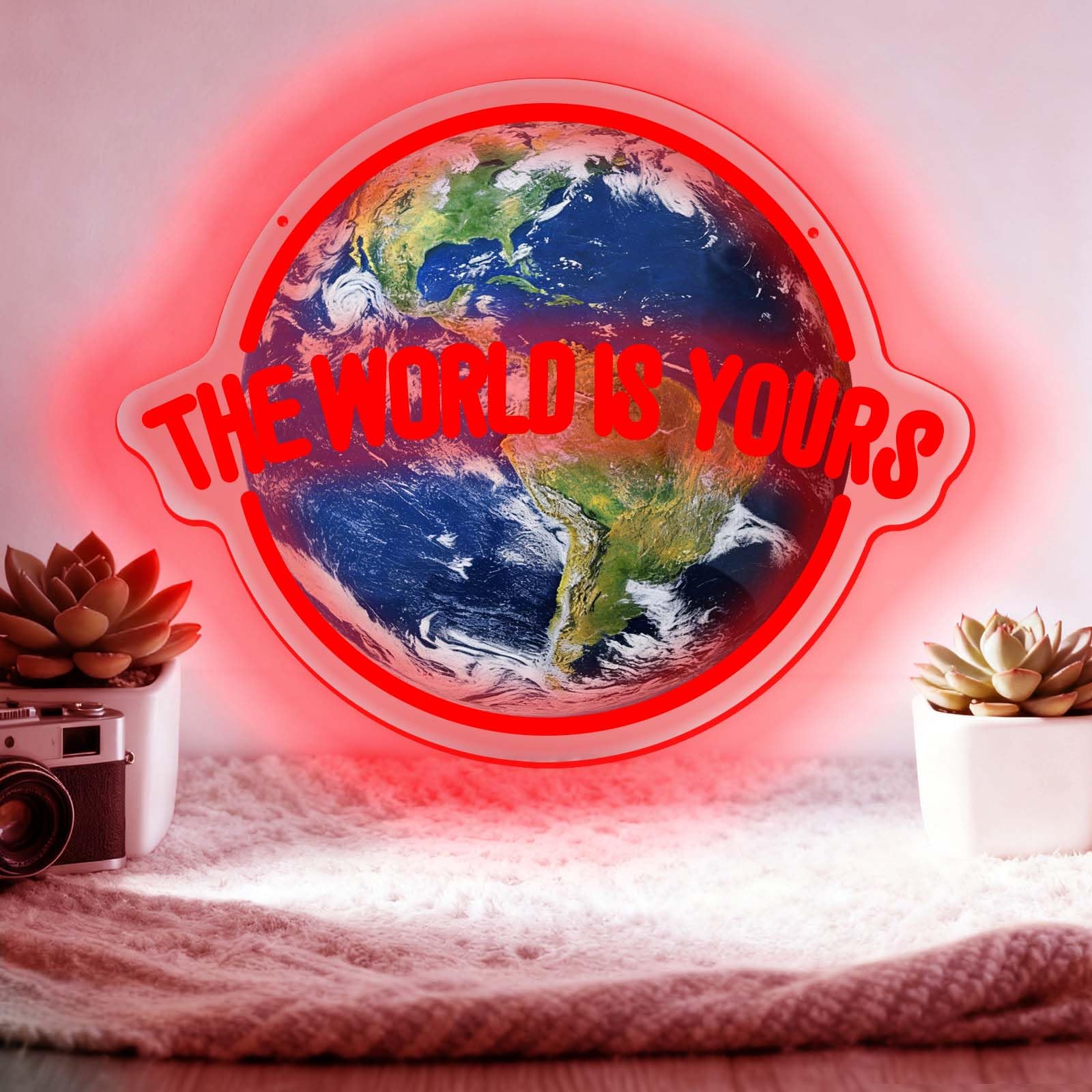 THE WORLD IS YOURS Neon Sign Dimmable Red Planet USB Powered LED Light Signs Wall Decoration UV Printed Acrylic Cool Planet Sign Suitable for Bedrooms Study Rooms Men's Caves(5V 15.75 * 12.6 in)