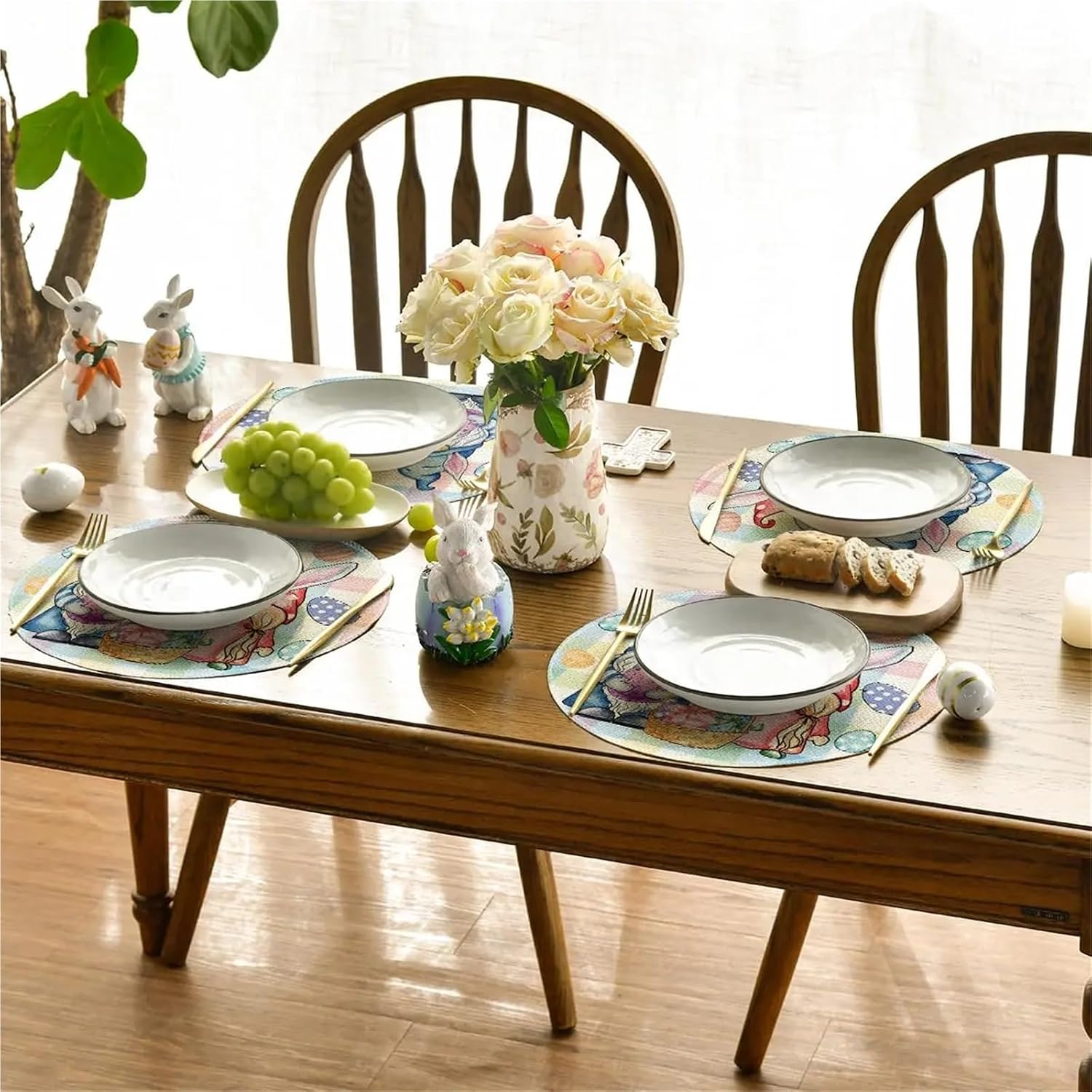 Easter Round Placemats Set of 4, 14 Inch Colored Bunny Eggs Gnomes Spring Round Table Mats for Easter Party Kitchen Dining Decor(10)
