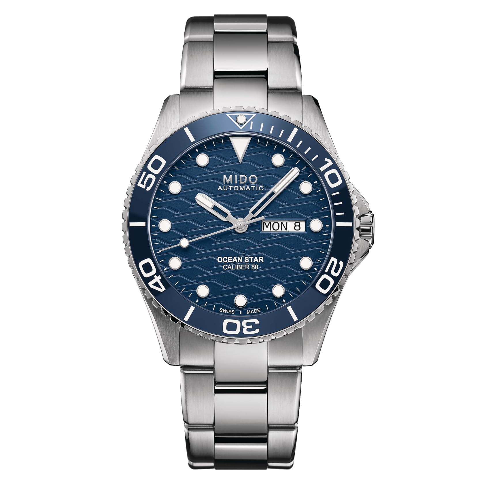 Ocean Star 200C - Swiss Automatic Diving Watch for Men - 42.5mm Stainless Steel Case - Rotating Ceramic Bezel - Wave-Design Dial with Day,Date Calendar, Blue on Stainless Steel, L, bracelet