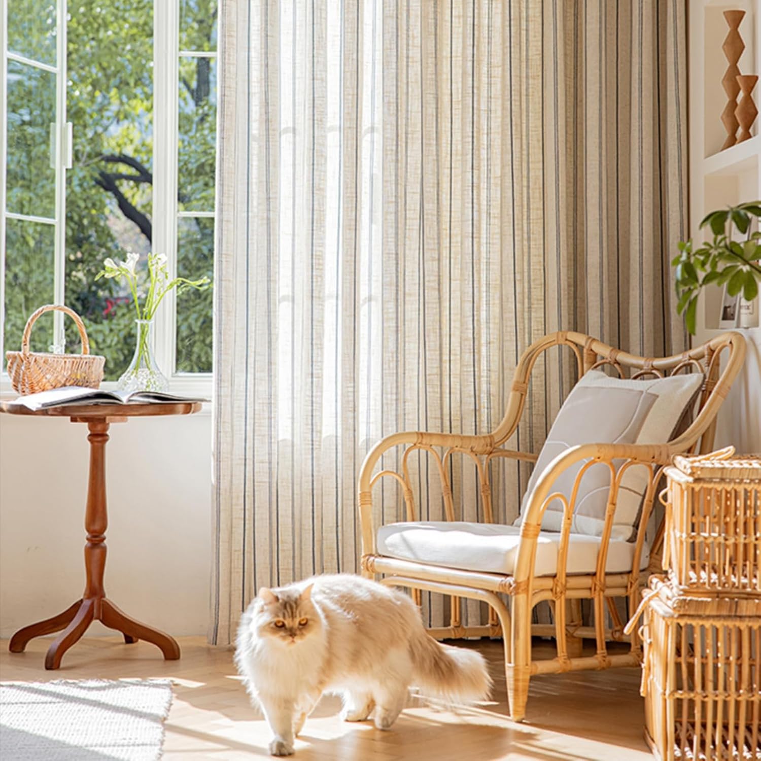 Gxi Blue Striped Linen Sheer Curtain 102 inches Length for Living Room, Rod Pocket Beige Stripe Voile Window Drapes for Bedroom, Dining Room Voile Window Treatment, 2 Panels, 79" Width