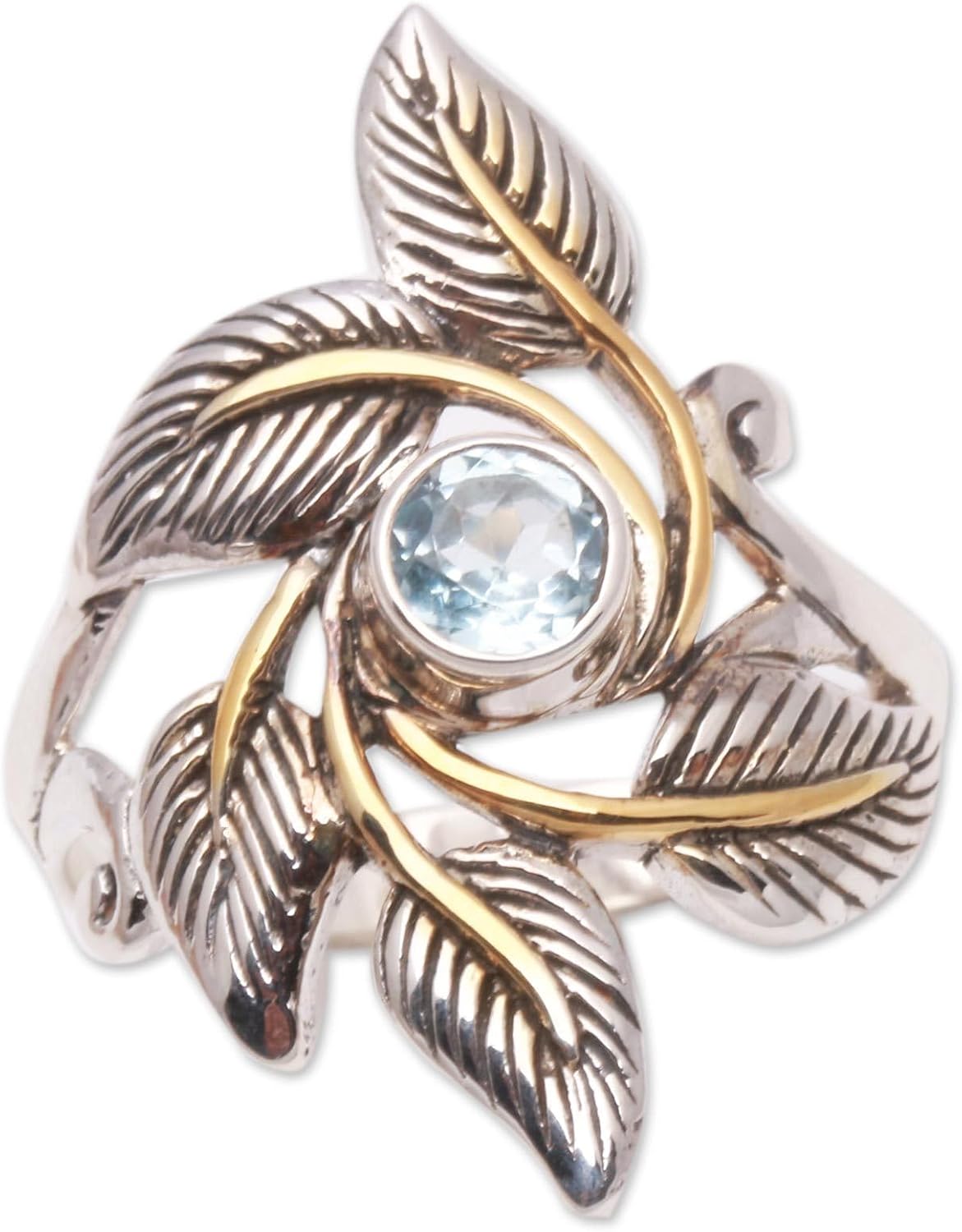 NOVICA Artisan Handmade 18k Gold Accented Blue Topaz Cocktail Ring Leafy from Bali .925 Sterling Silver Indonesia Gemstone 'Wreathed in Leaves'