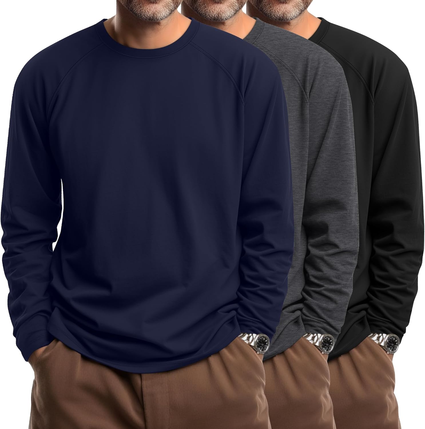 Riyiper 3 Pack Mens Big and Tall Shirts Long Sleeve Crewneck Tops Plus Size Casual Oversized Basic Tee Shirts