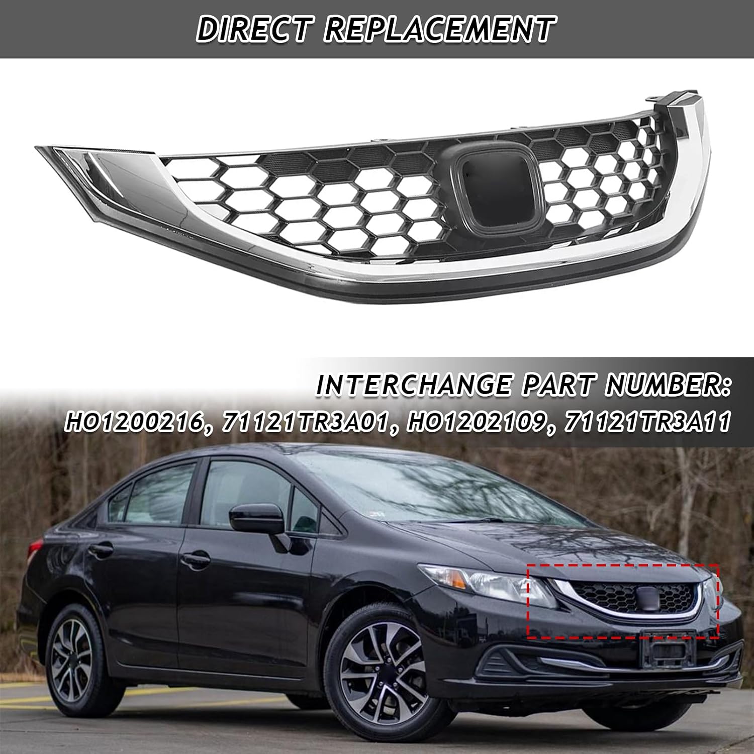 Bewild Front Bumper Upper Grille Grill W/Chrome Trim Fit For 2013 2014 2015 Honda Civic Sedan Front Honeycomb Style Mesh Grille Assembly Replacement