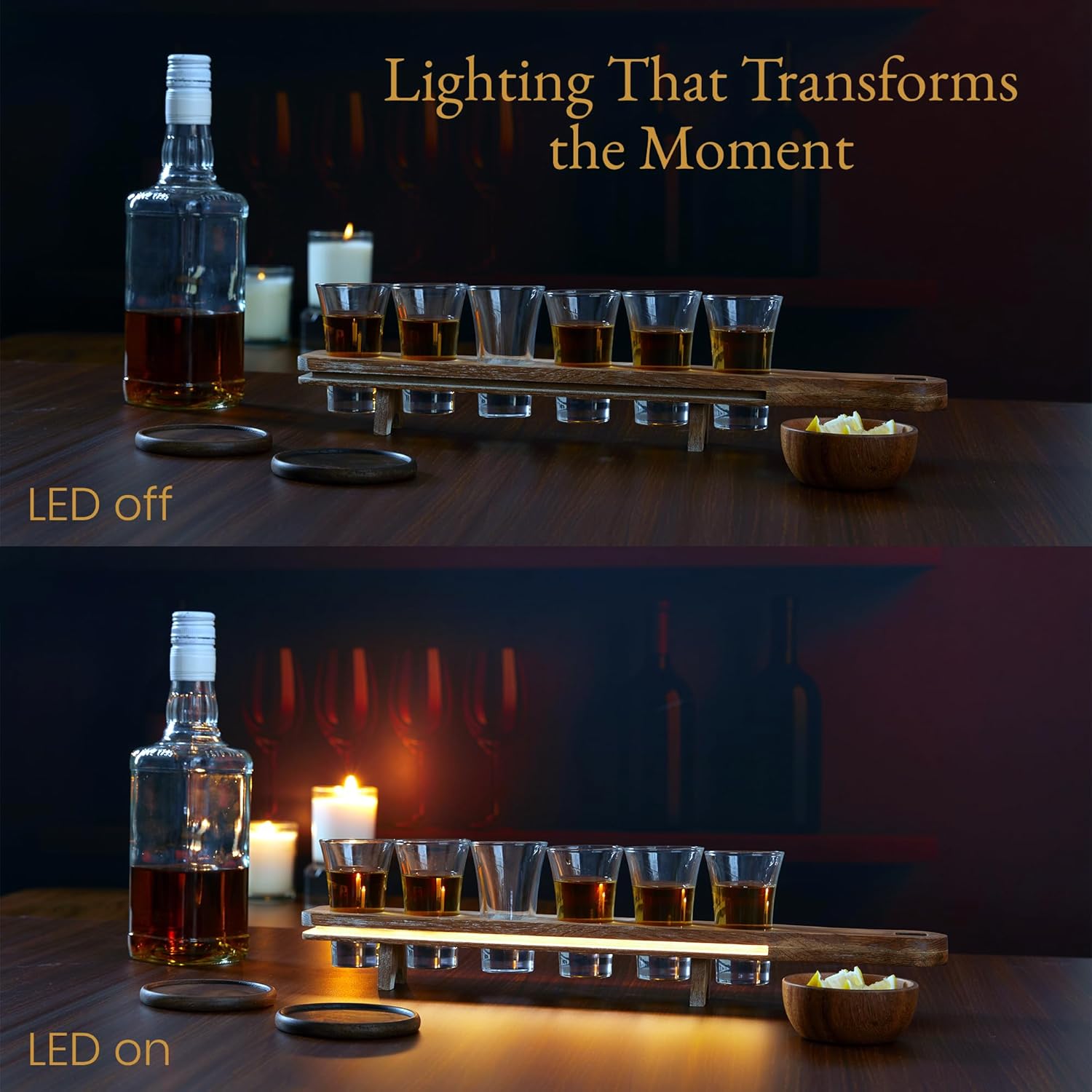 Shot Glasses with LED Tray - Solid Oak Wood Serving Set with 6 Heavy Base 2 Ounce Glasses, Luxury Gift Box, Premium Barware for Tequila, Whiskey and Bourbon Lovers