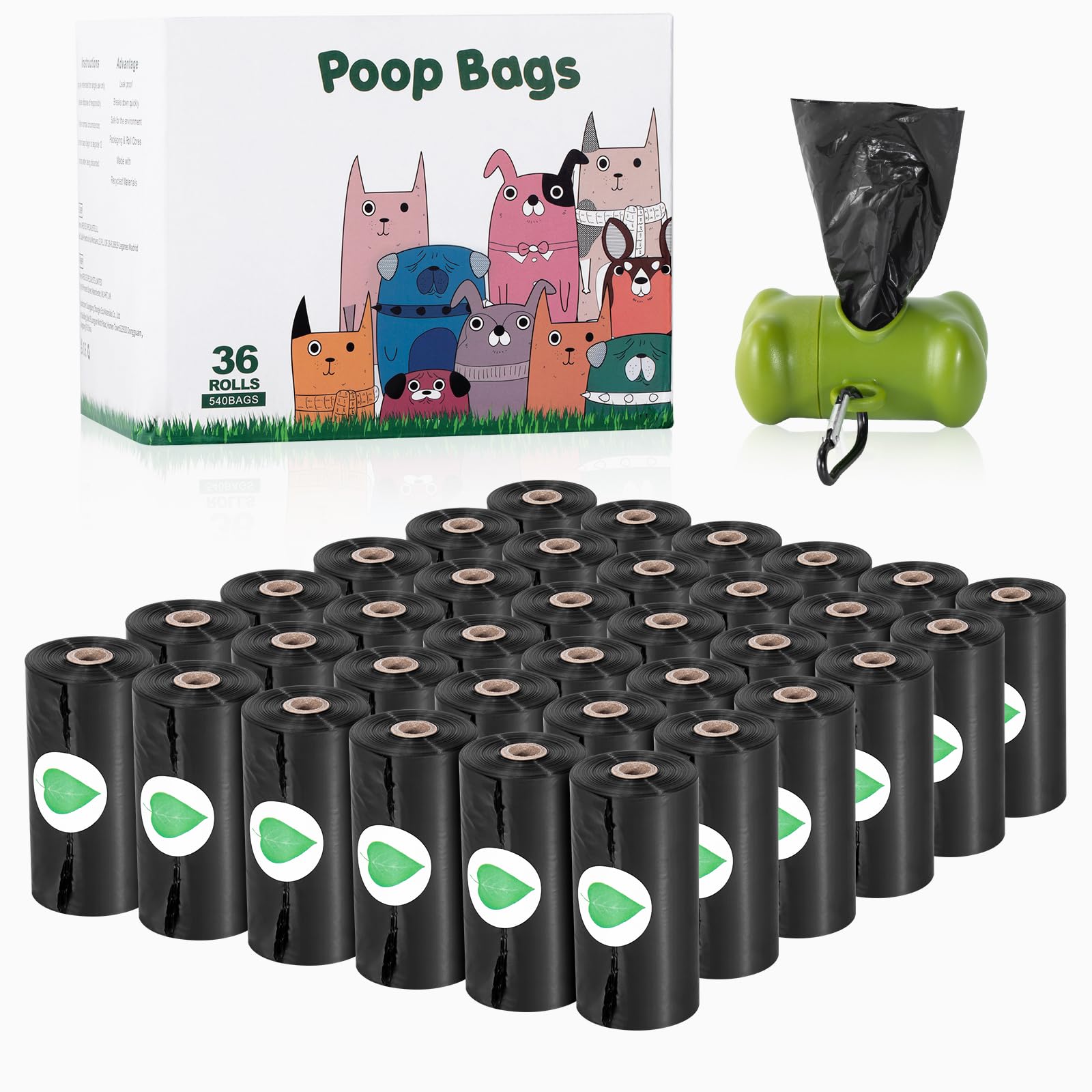 Topfree Bolsas para Excrementos de Perro,36 Rollos, 540 bolsas con Dispensador,Extra grueso,fuerte y a Prueba de Fugas Bolsas para Caca de Perro