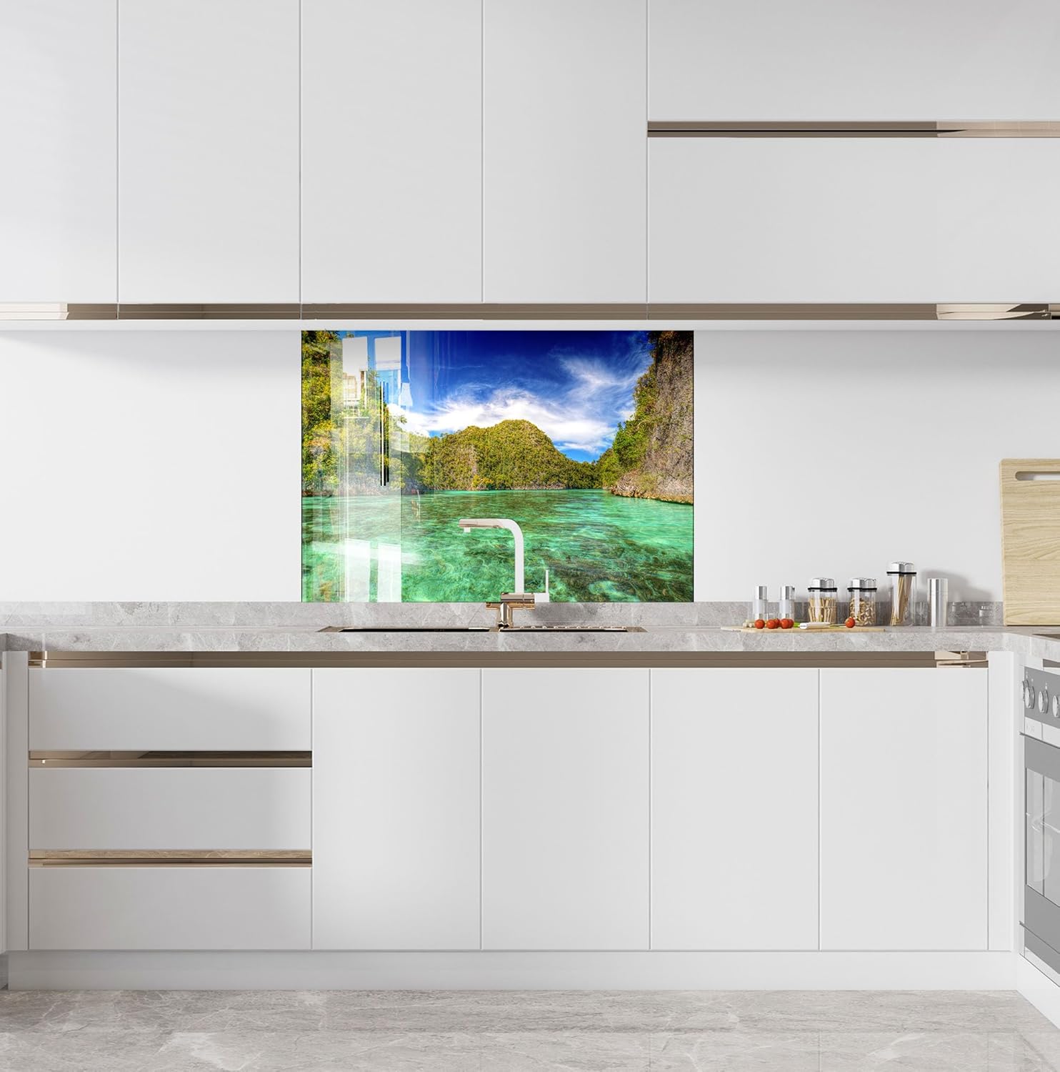 Myphotostation.com 16x16''Tempered Glass Tropical Backsplash Design Cooker Wall Backsplash Panel Glass Splashback for Kitchen Panel Design Ocean Splashback