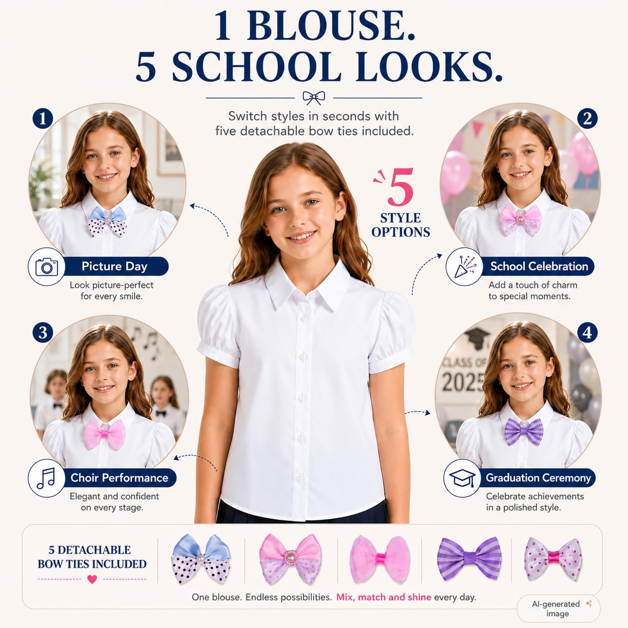 Bienzoe Fille Oxford Manche Courte Chemisier nœud Papillon Pack