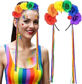 Rainbow Rose Flower Headband With Rainbow Tassels for Women Girls Floral Crown Garland Hair Accessories for LGBTQ Gay Pride Day Halloween Day of the Dead Mardi Gras Party Costume Headpiece
