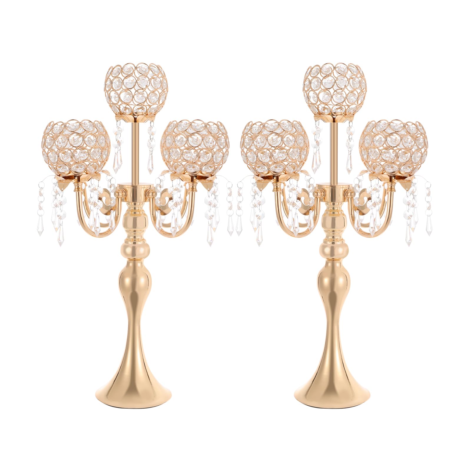 Kristall Kerzenhalter 2er Set 57cm, 5-Armiger Kandelaber Tischdeko, Gold | Moderner Tischkerzenständer für Hochzeiten Abendessen Geburtstage, 13cm Basis Stabil