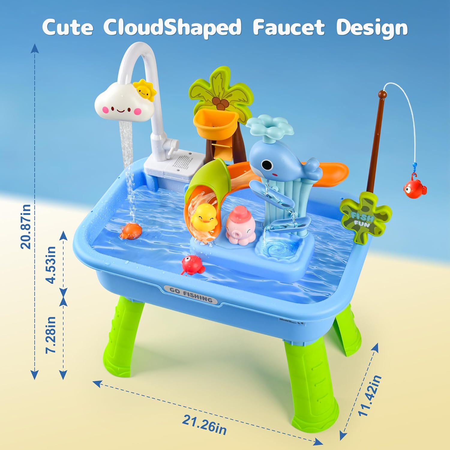 2026 Upgraded Toddler Sand Water Table Toy with Electric Water Pump, Kids Sand Water with Faucet/Play Food Accessories/Fishing Toy, Kitchen Play Sink Toys for Girl Boy Age 3+ (Blue)