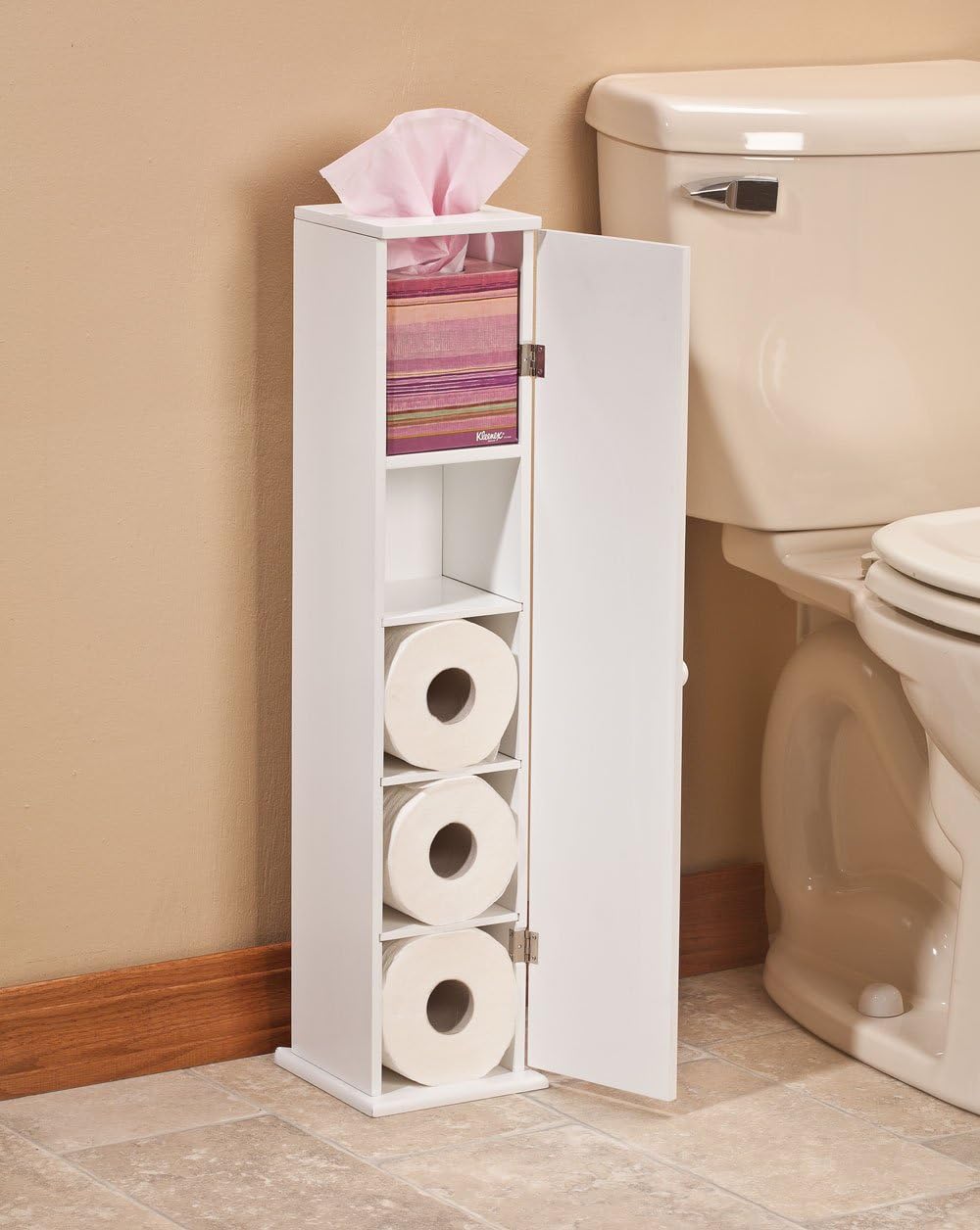 OakRidge Miles Kimball White Compact Toilet Tissue Storage Tower with 4 Shelves, 5.5” W x 27” H x 6.75” L – Holds Toilet Paper Rolls Up to 4.25” Diameter, Top Slot Provides Access to Facial Tissues