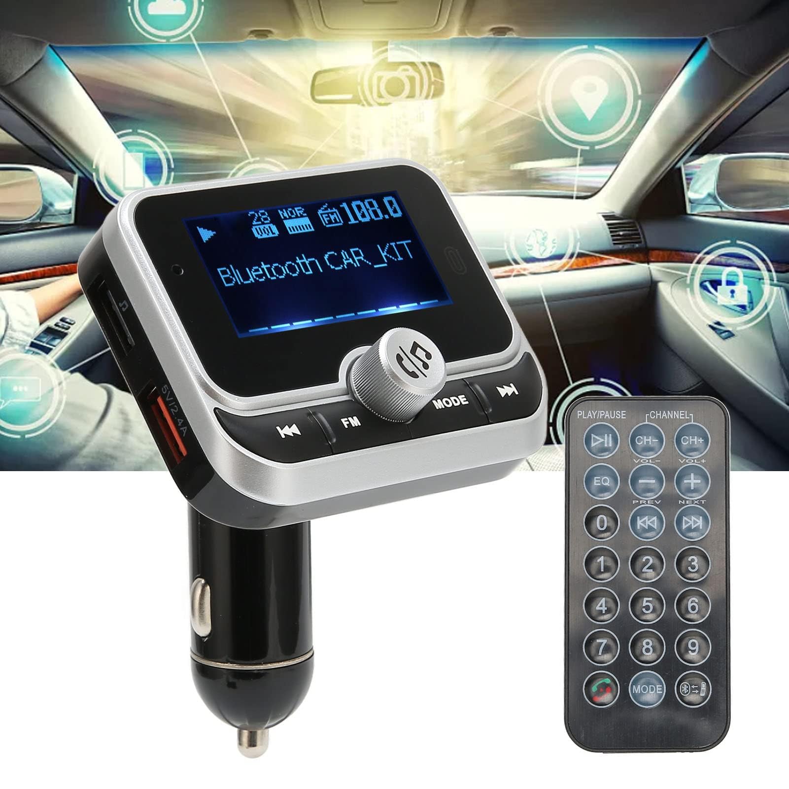 Trasmettitore FM Bluetooth per Auto, Adattatore Bluetooth Wireless Kit Trasmettitore Musicale per Auto con Caricatore per Auto 2 USB Vivavoce, Modalità di Riproduzione Multiple per Tutti i Lettori Aud